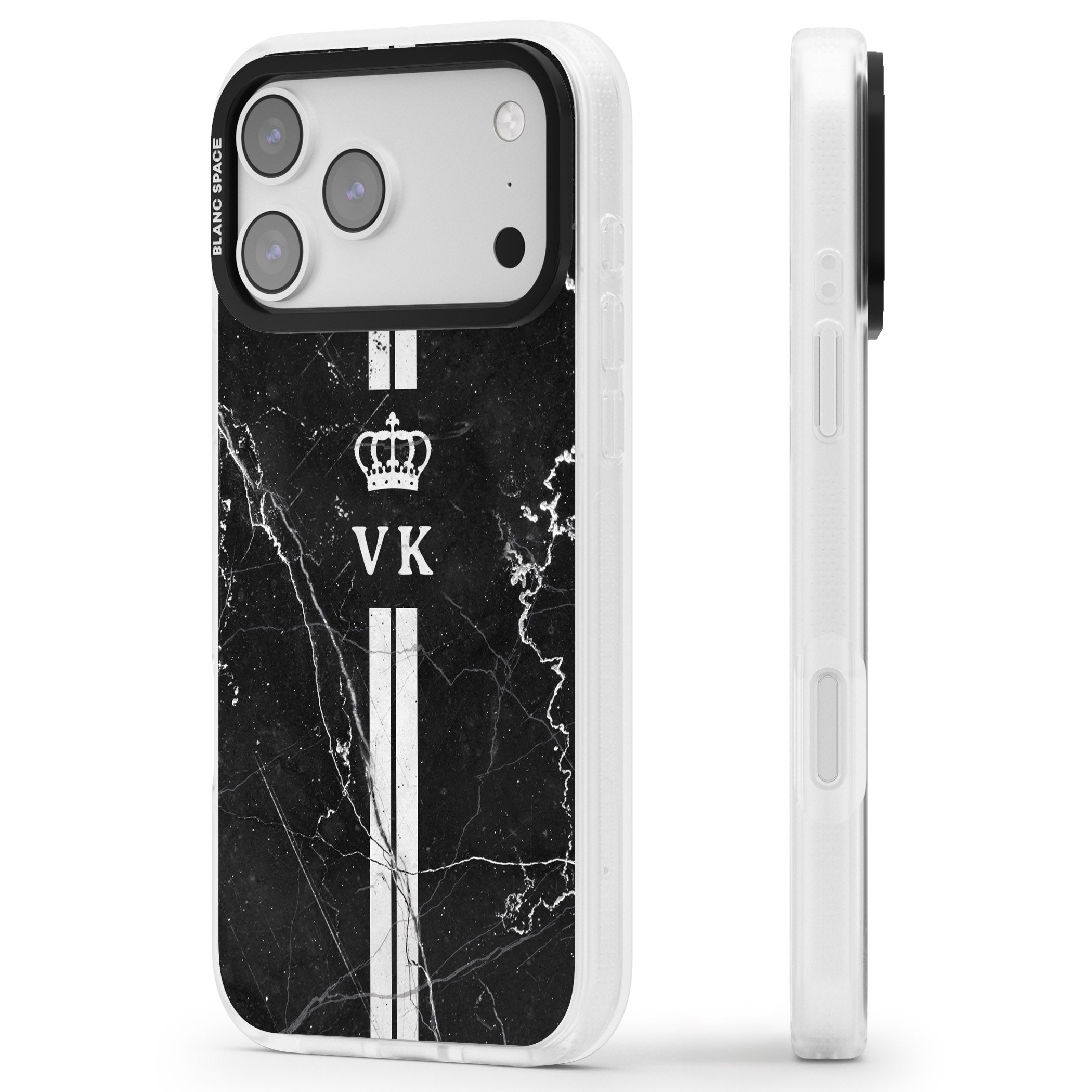 Personalised Black Marble Stripe Initials iPhone 17 Pro Impact Air Clear Phone Case Side Profile