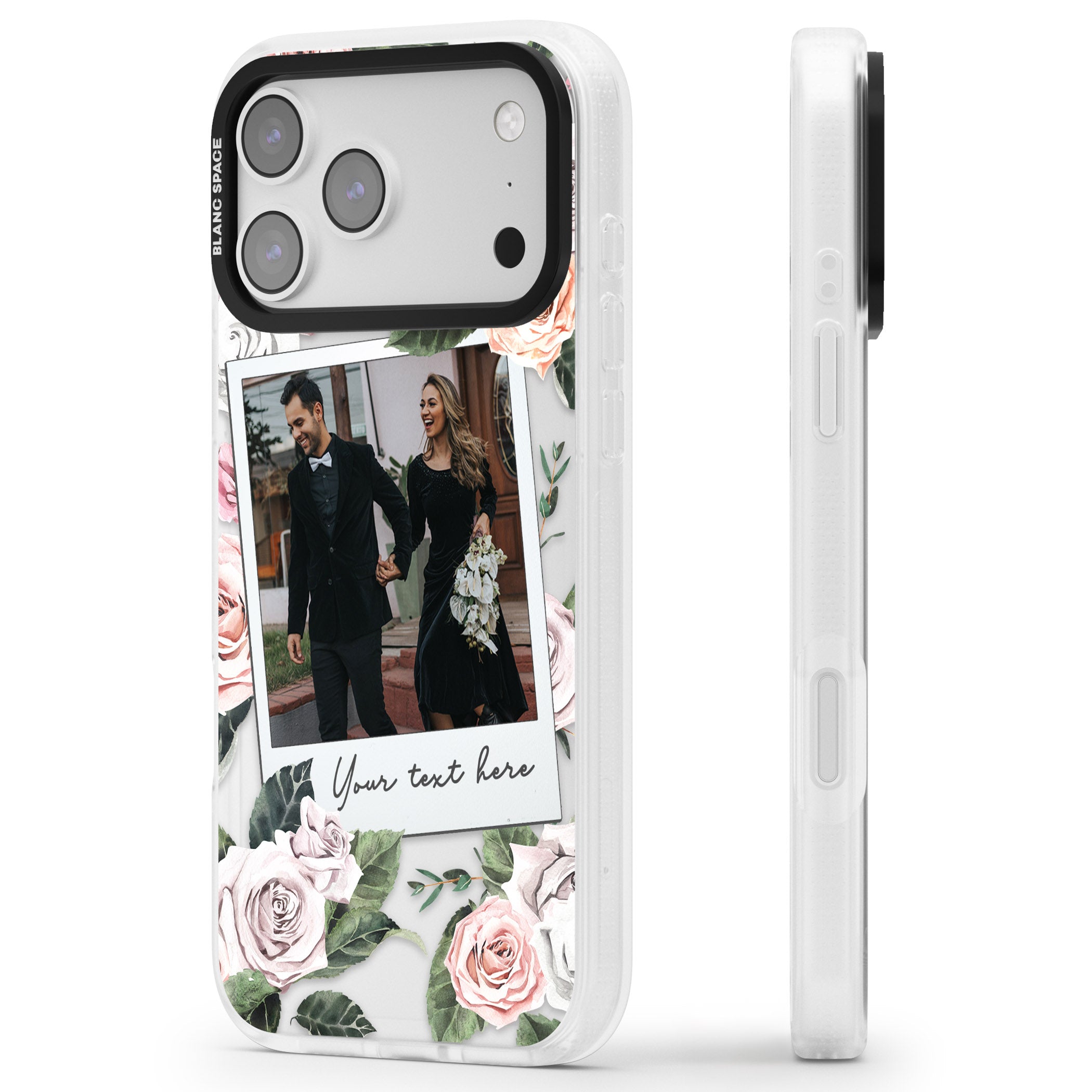 Personalised Floral Instant Camera Photo iPhone 17 Pro Impact Air Clear Phone Case Side Profile
