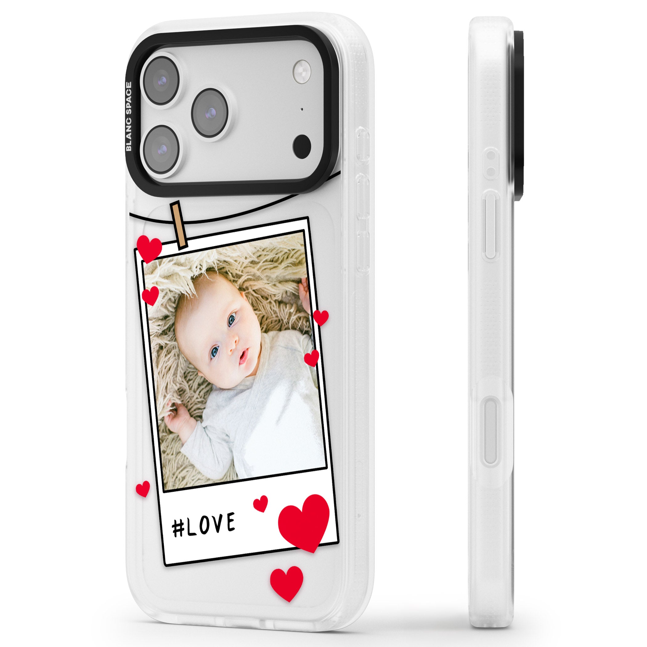 Personalised Paperclip & Hearts Instant Camera Photo iPhone 17 Pro Impact Air Clear Phone Case Side Profile