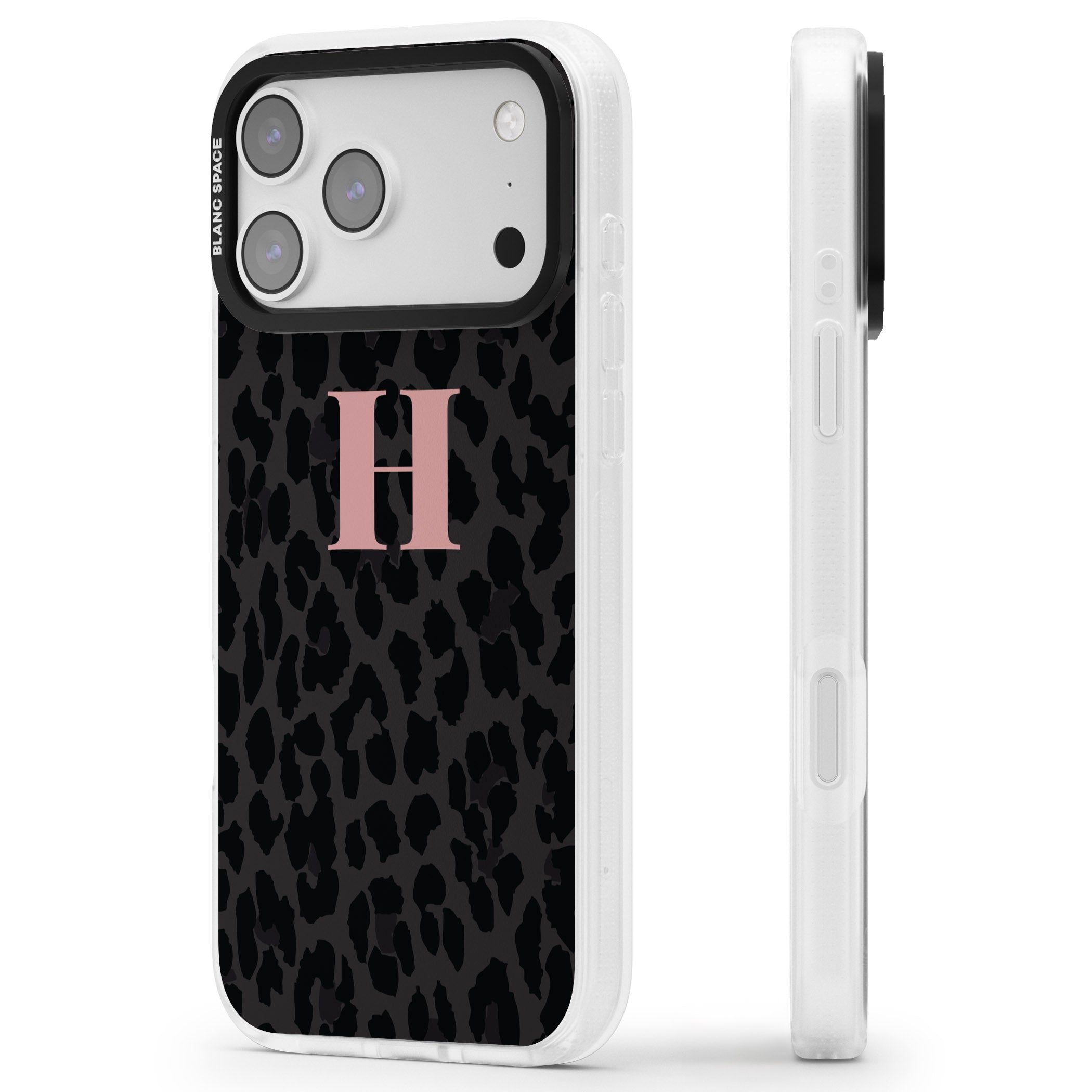 Personalised Pink Leopard Monogram iPhone 17 Pro Impact Air Clear Phone Case Side Profile