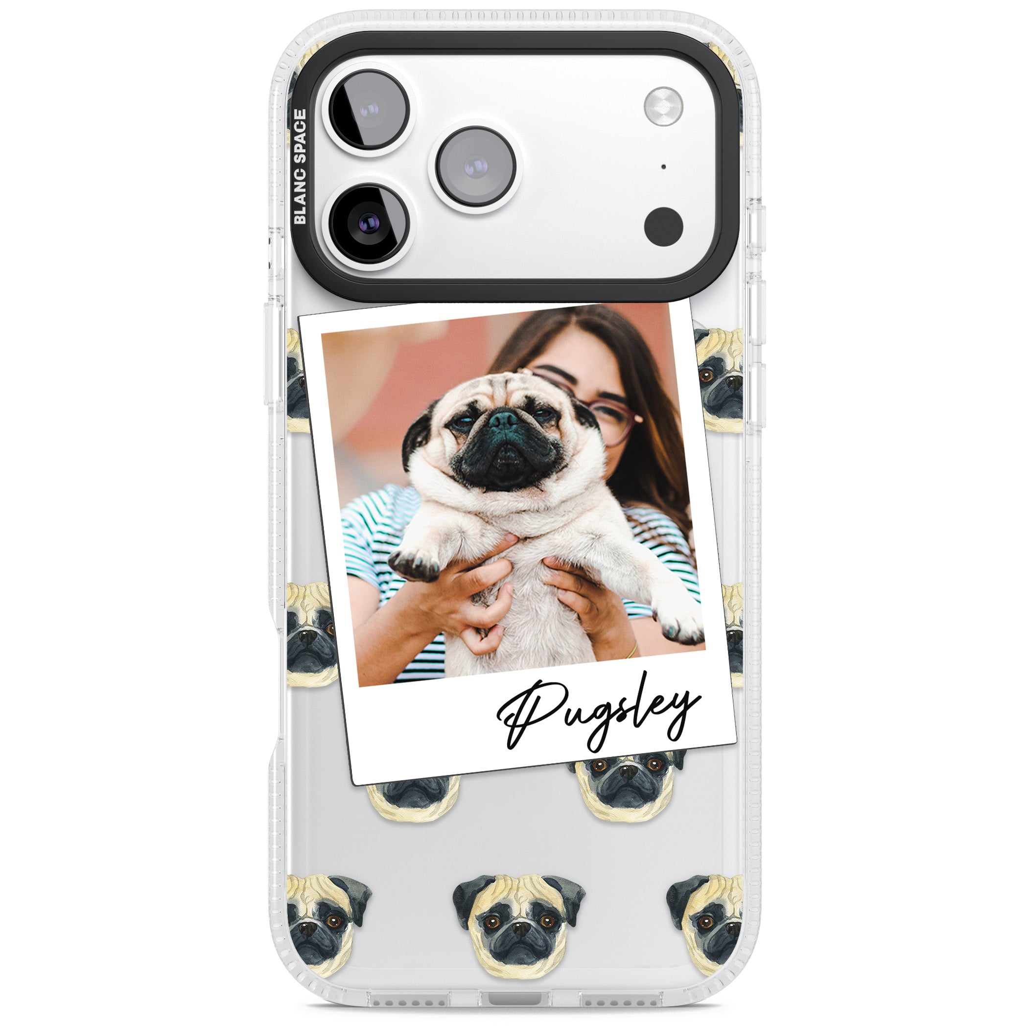 Personalised Pug Instant Camera Photo iPhone 17 Pro Impact Air Clear Phone Case