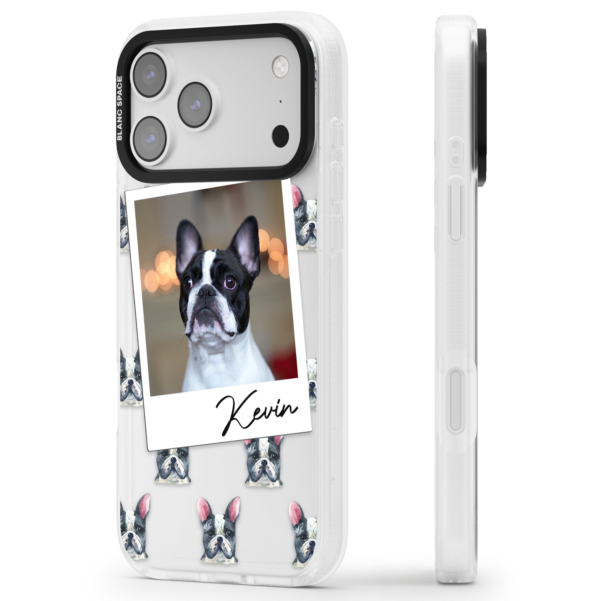 Personalised Black & White French Bulldog Instant Camera Photo iPhone 17 Pro Impact Air Clear Phone Case Side Profile