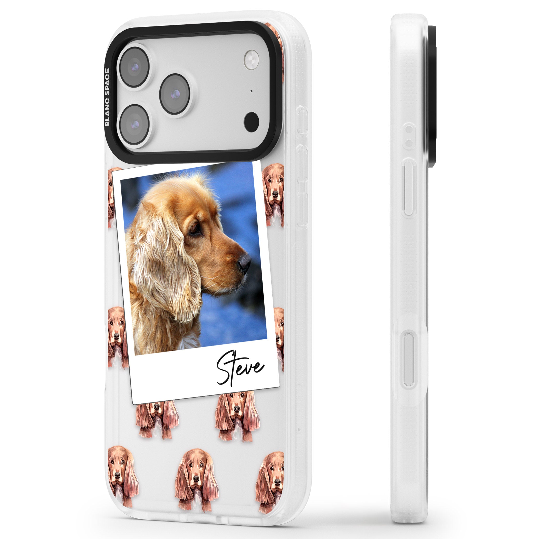 Personalised Cocker Spaniel Instant Camera Photo iPhone 17 Pro Impact Air Clear Phone Case Side Profile