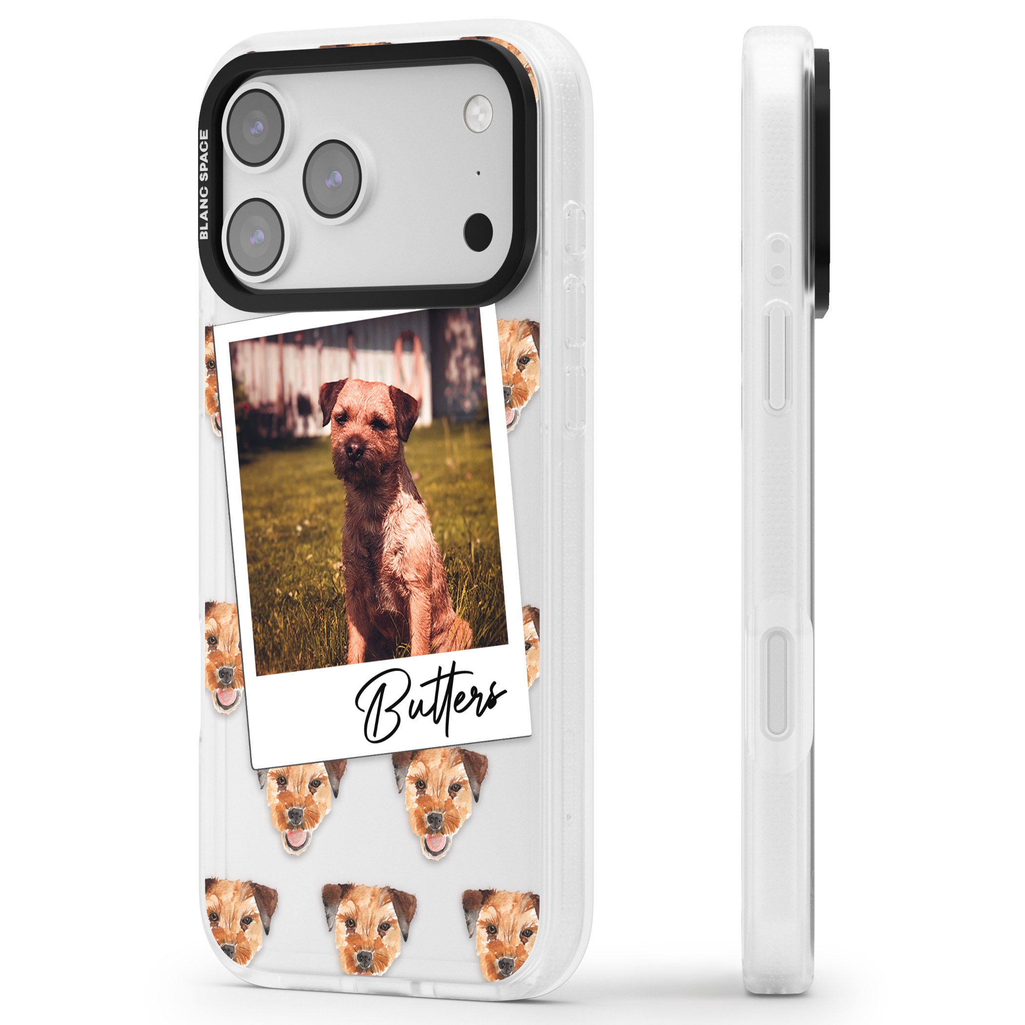 Personalised Border Terrier Instant Camera Photo iPhone 17 Pro Impact Air Clear Phone Case Side Profile
