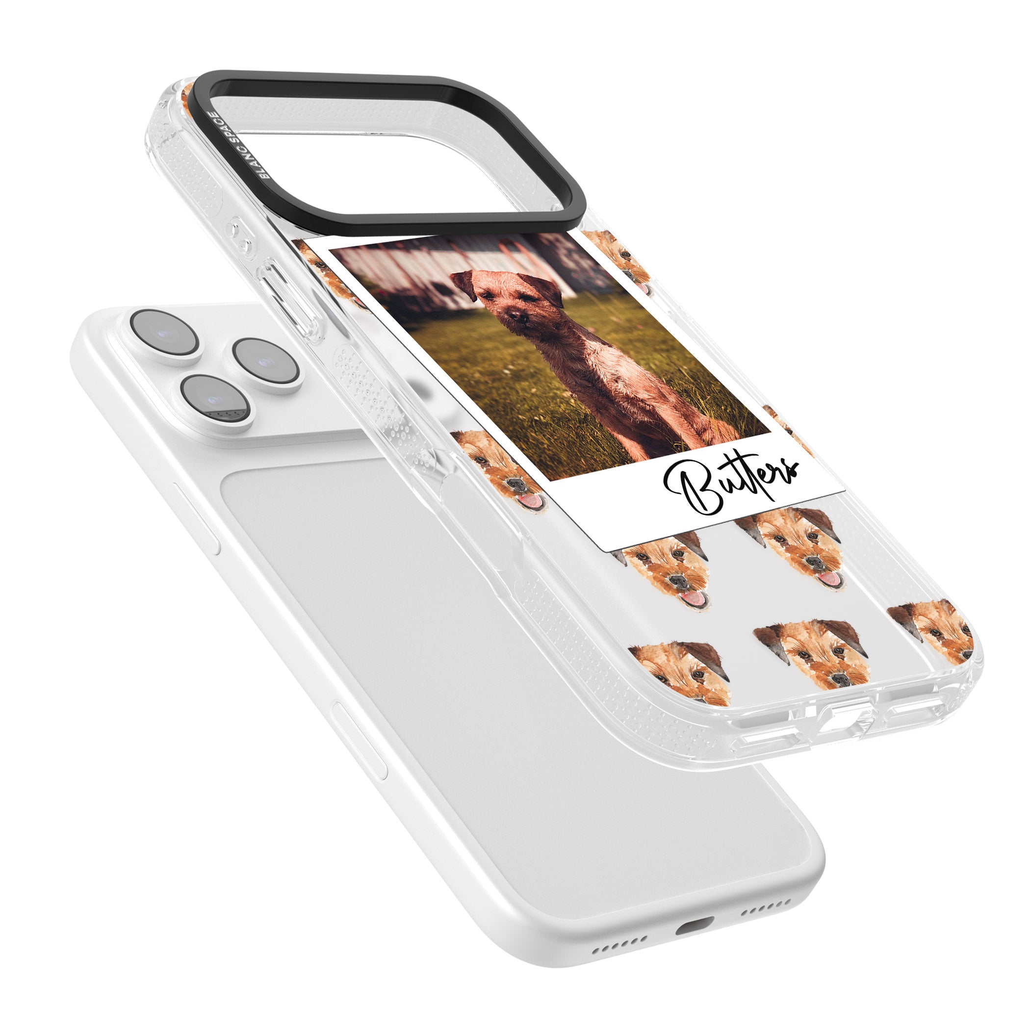 Personalised Border Terrier Instant Camera Photo iPhone 17 Pro Impact Air Clear Phone Case Colours