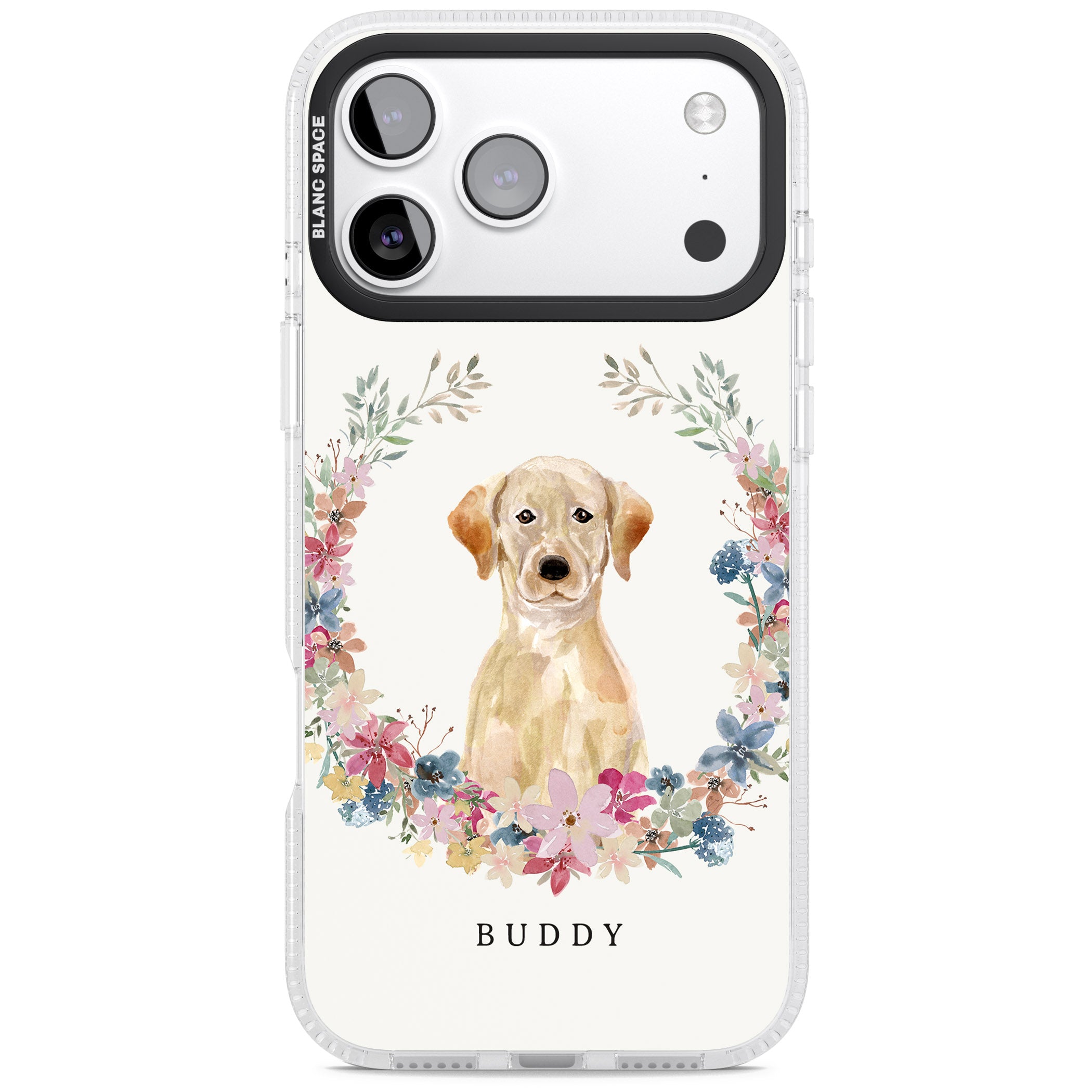 Personalised Yellow Labrador Retriever Floral Portrait iPhone 17 Pro Impact Air Clear Phone Case