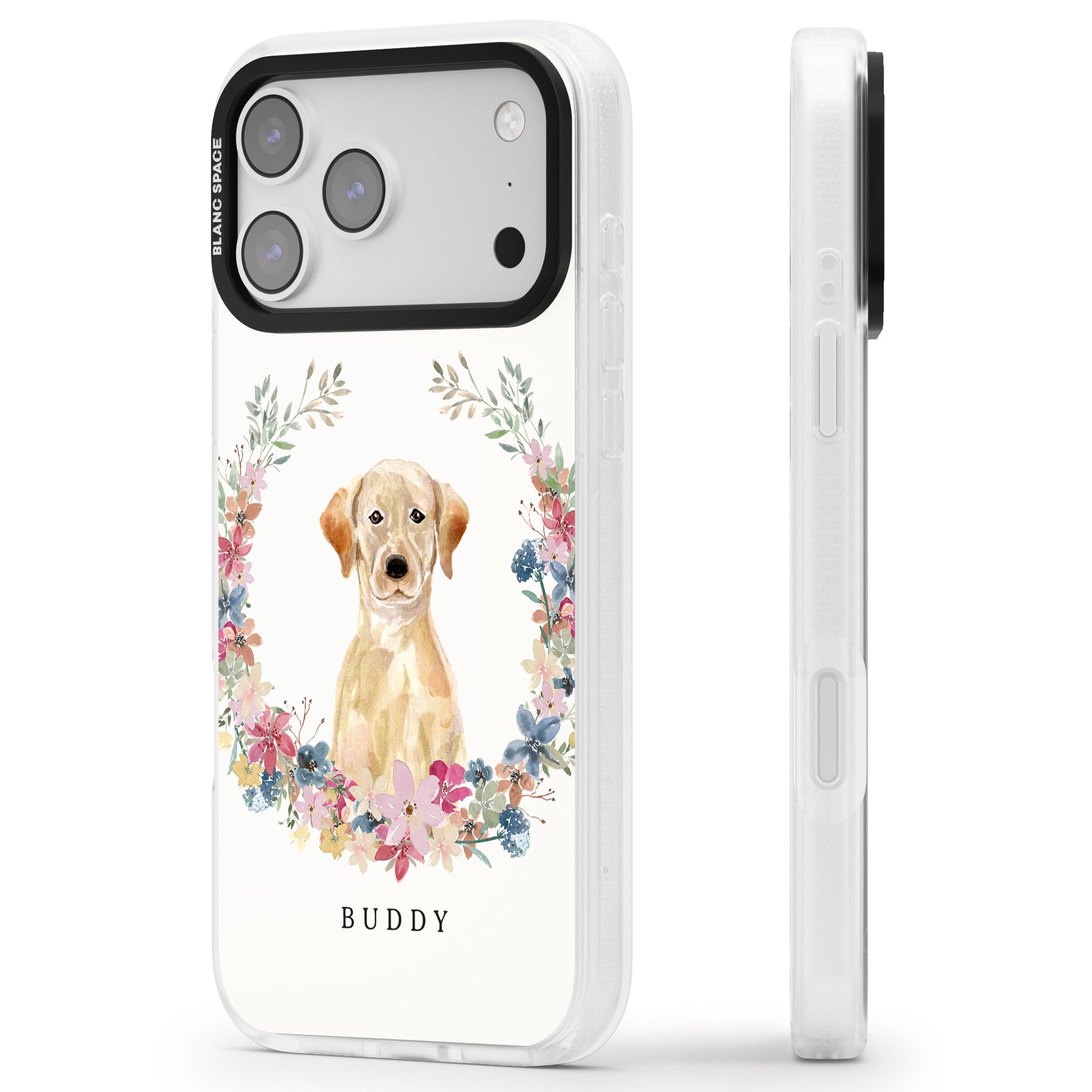 Personalised Yellow Labrador Retriever Floral Portrait iPhone 17 Pro Impact Air Clear Phone Case Side Profile