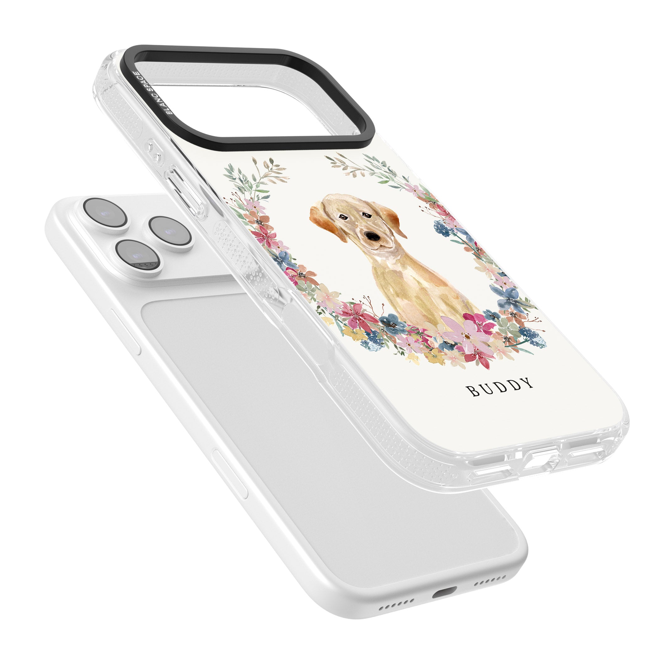 Personalised Yellow Labrador Retriever Floral Portrait iPhone 17 Pro Impact Air Clear Phone Case Colours