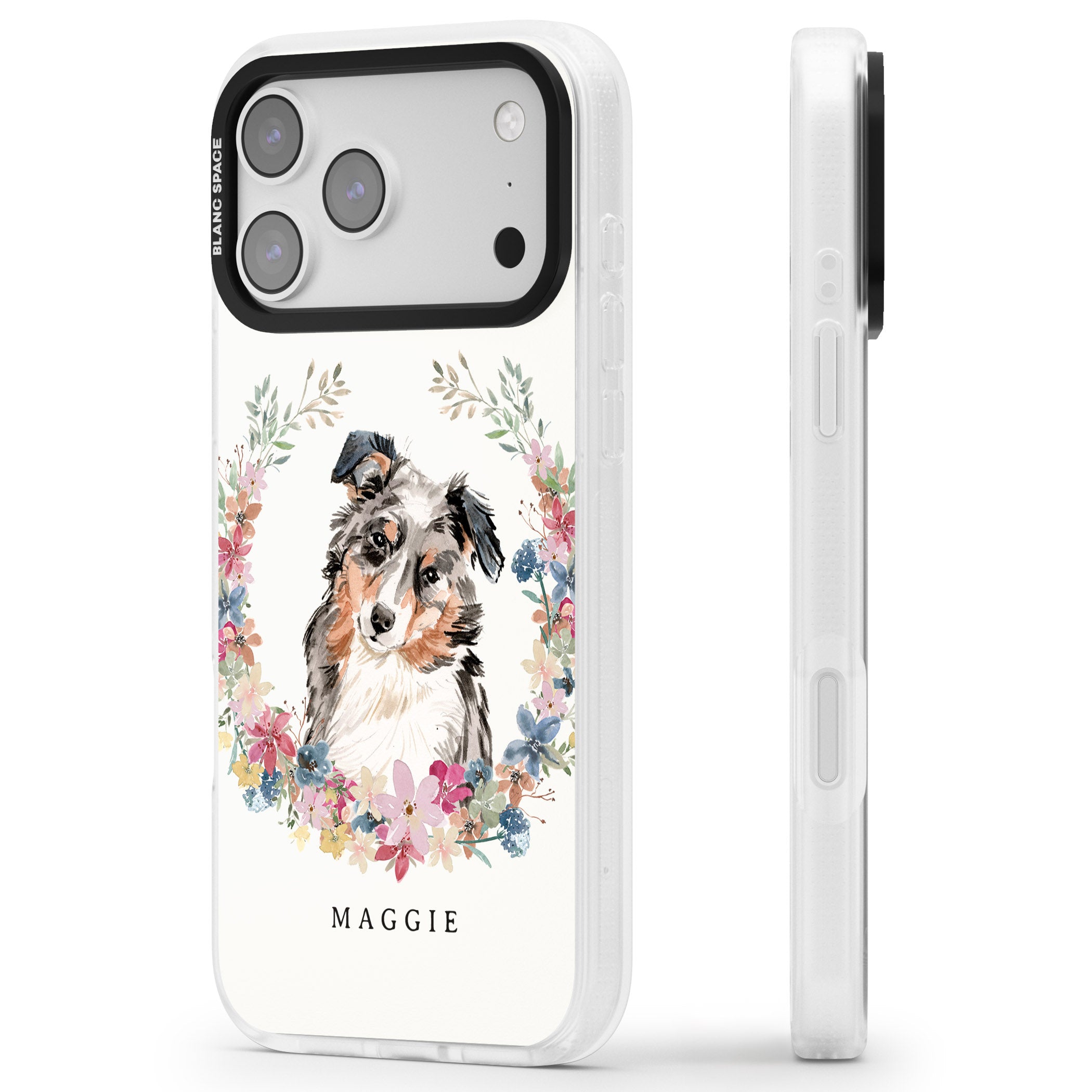 Personalised Australian Shepherd Floral Portrait iPhone 17 Pro Impact Air Clear Phone Case Side Profile