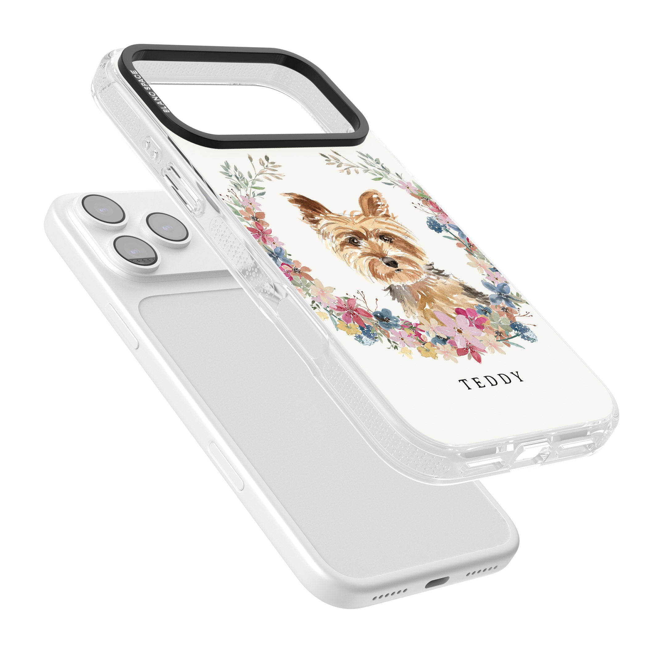 Personalised Yorkshire Terrier Floral Portrait iPhone 17 Pro Impact Air Clear Phone Case Colours