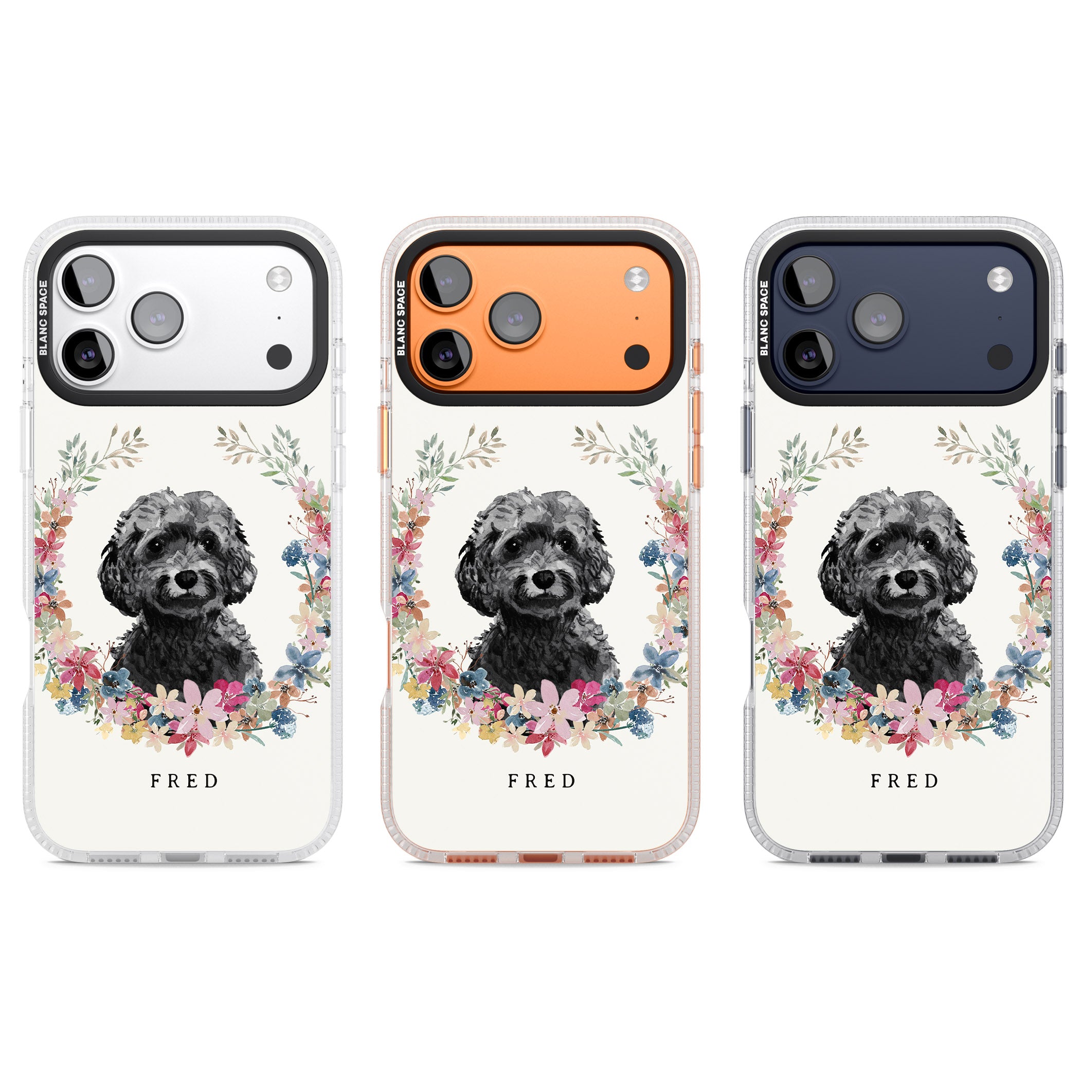 Personalised Black Cockapoo Floral Portrait iPhone 17 Pro Impact Air Clear Phone Case APT Impact Protection