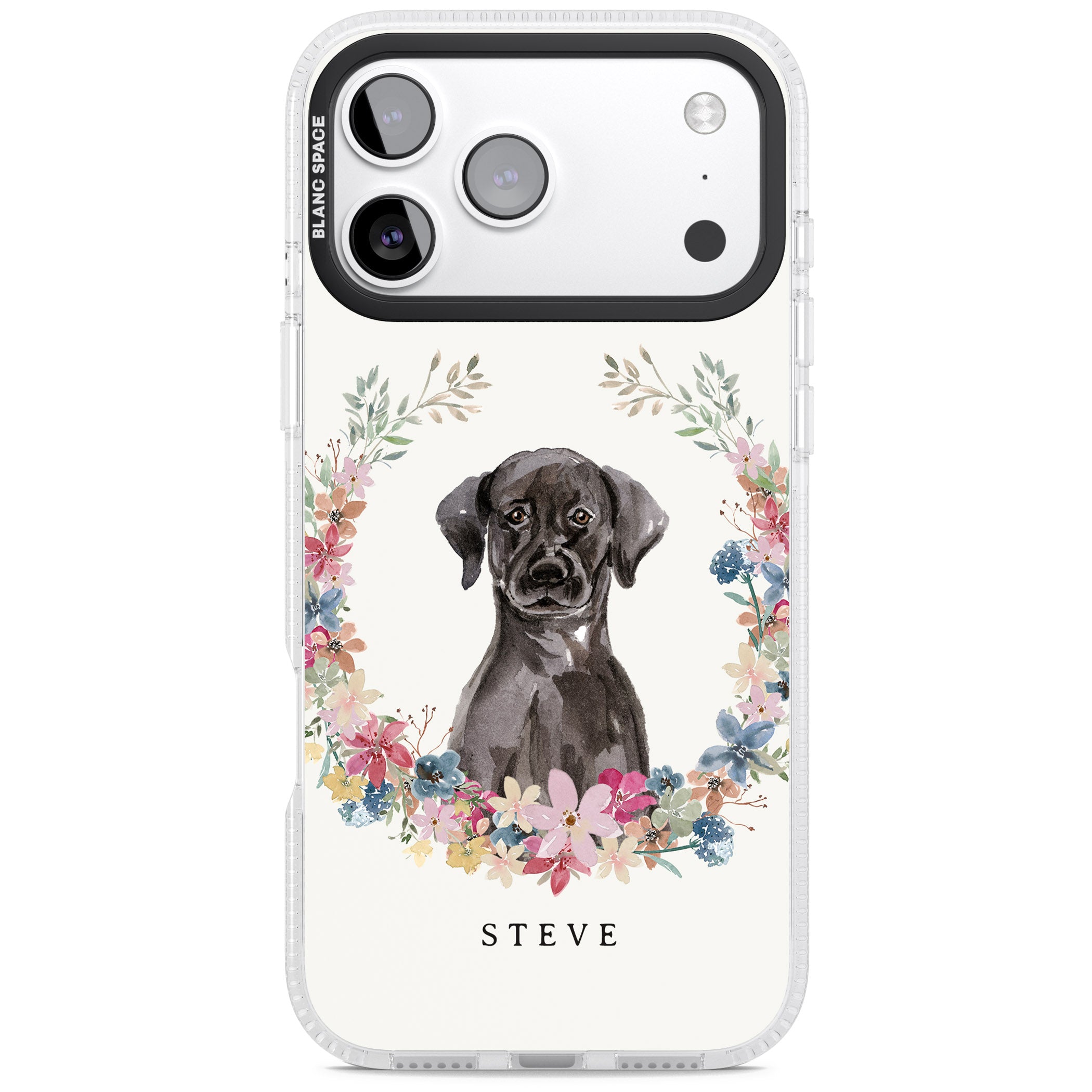 Personalised Black Labrador Floral Portrait iPhone 17 Pro Impact Air Clear Phone Case