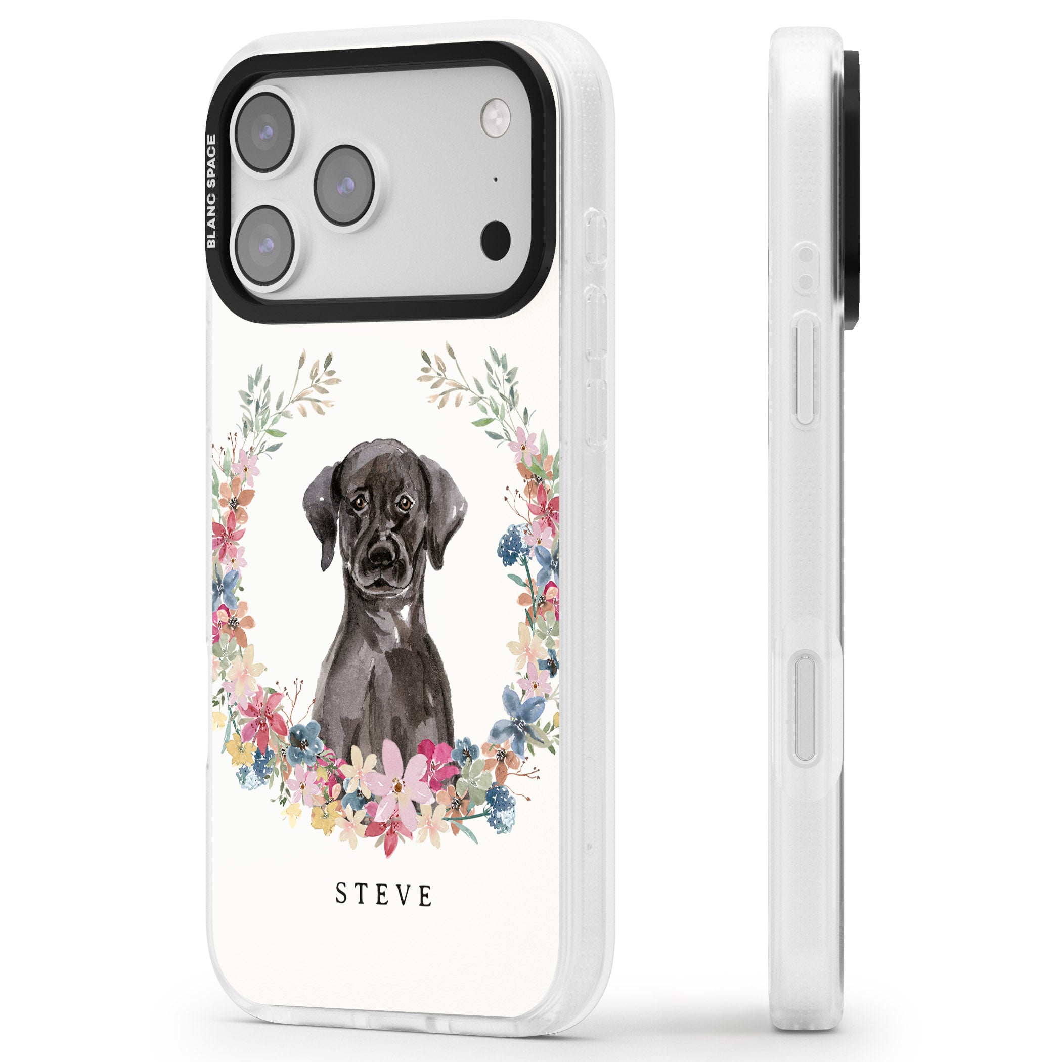Personalised Black Labrador Floral Portrait iPhone 17 Pro Impact Air Clear Phone Case Side Profile