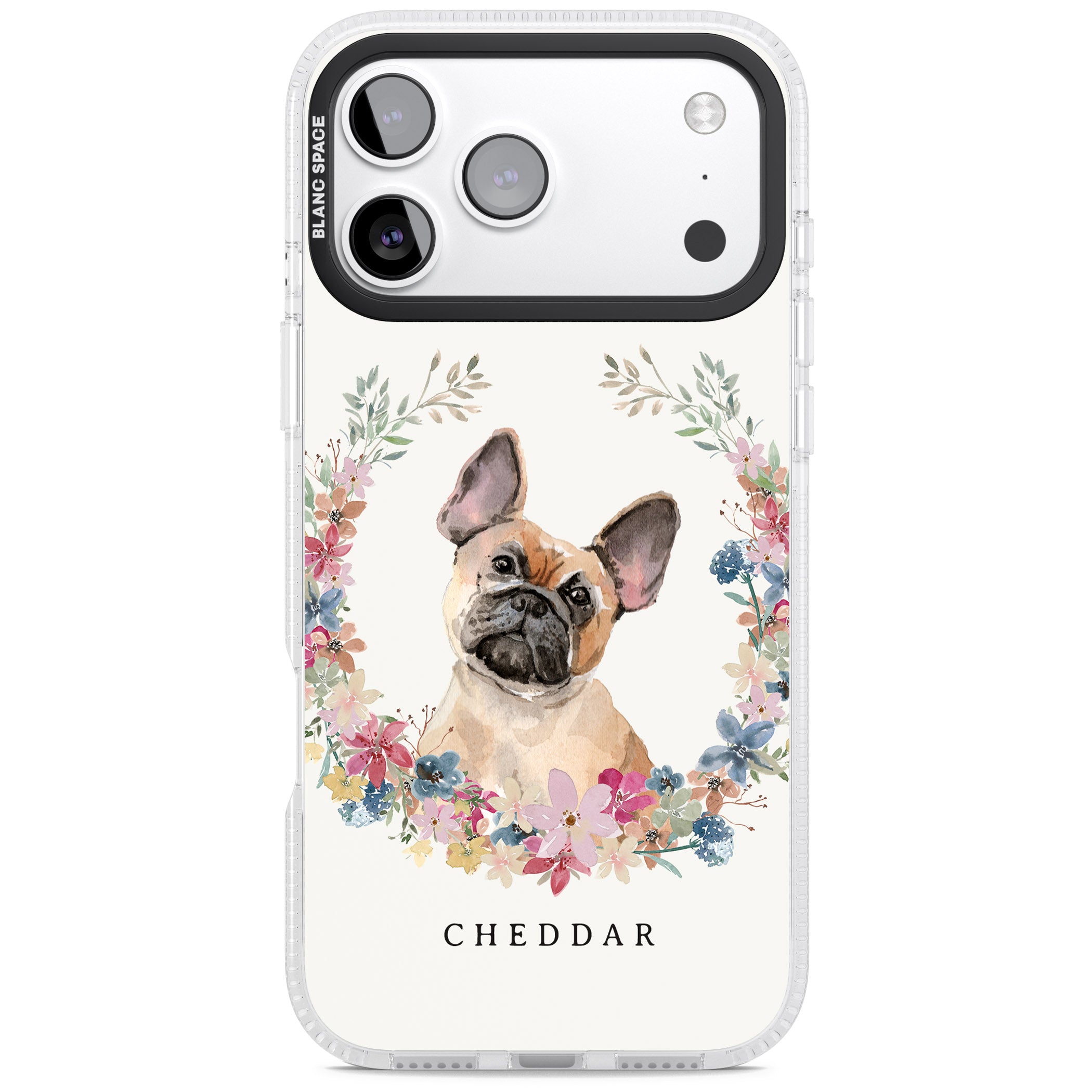 Personalised Tan French Bulldog Floral Portrait iPhone 17 Pro Impact Air Clear Phone Case