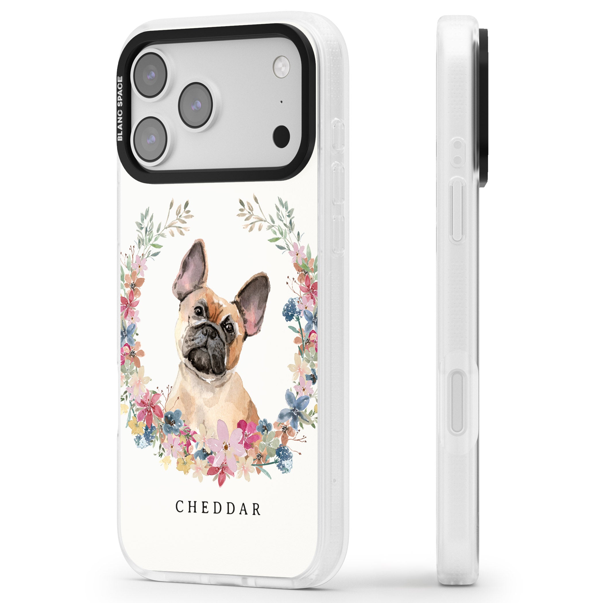 Personalised Tan French Bulldog Floral Portrait iPhone 17 Pro Impact Air Clear Phone Case Side Profile