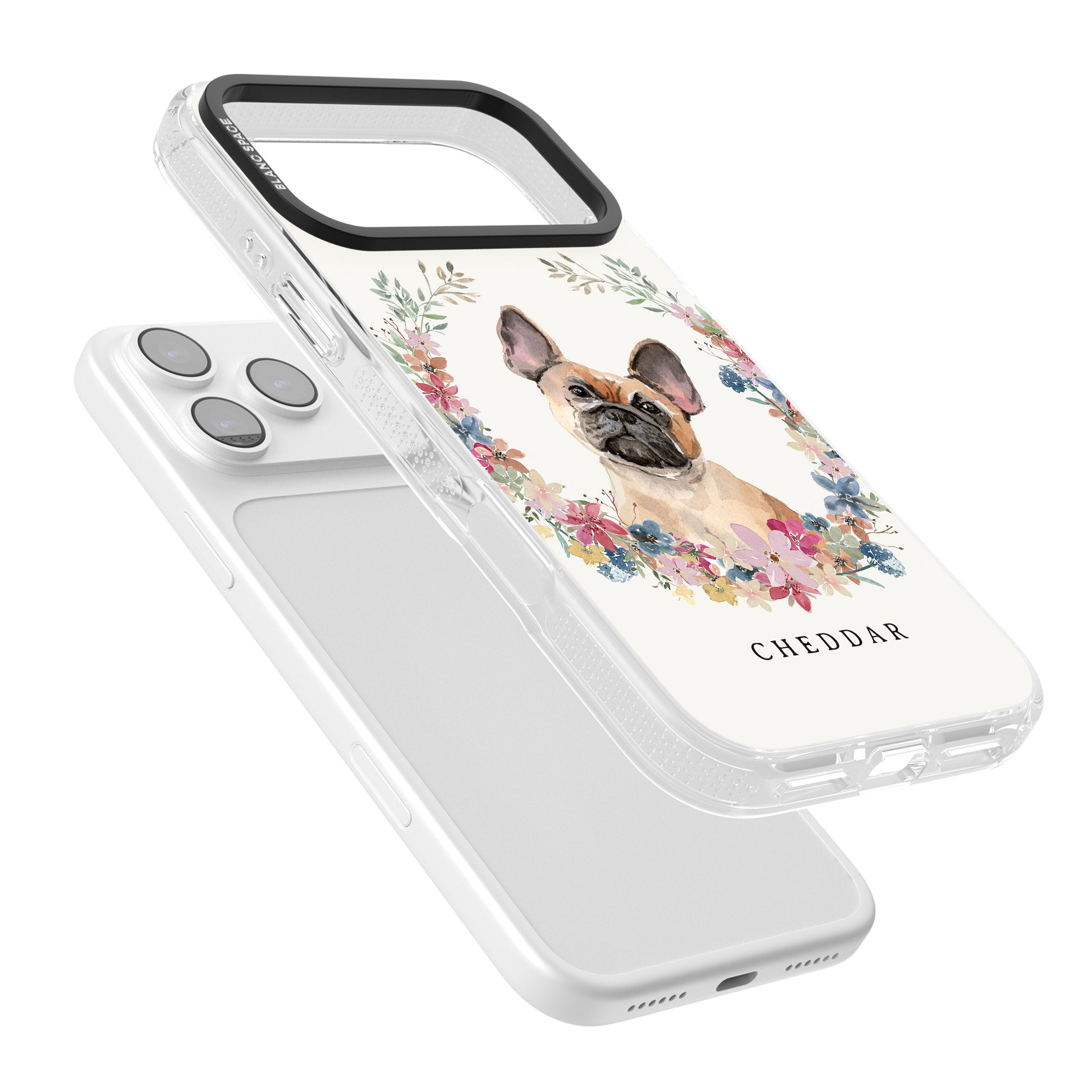 Personalised Tan French Bulldog Floral Portrait iPhone 17 Pro Impact Air Clear Phone Case Colours