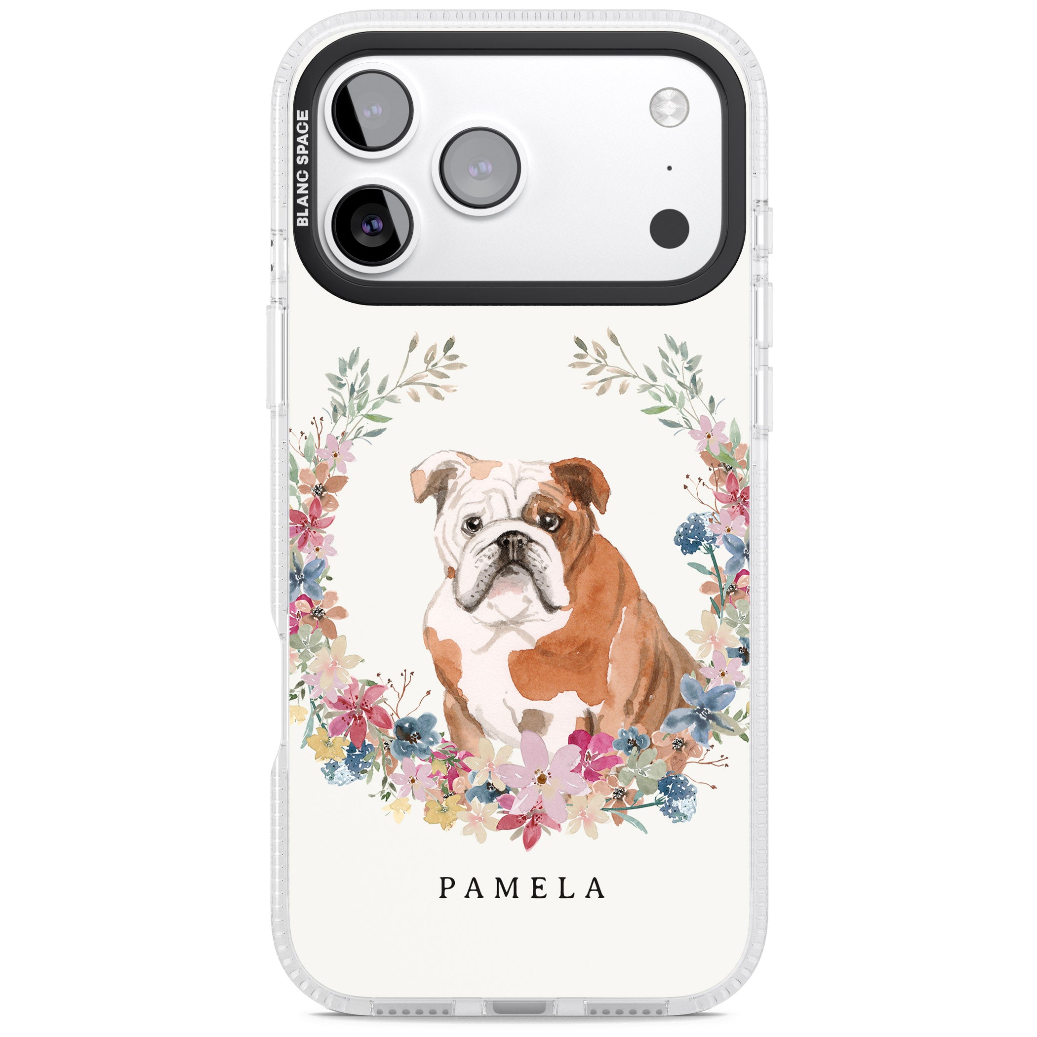 Personalised English Bulldog Floral Portrait iPhone 17 Pro Impact Air Clear Phone Case