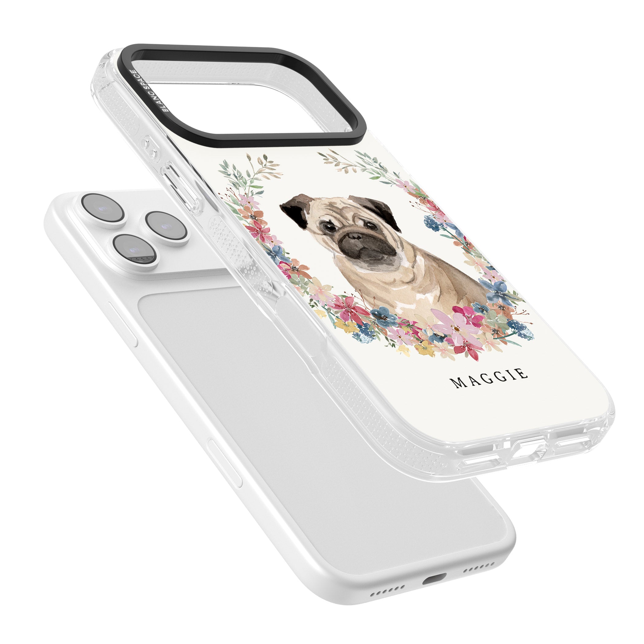 Personalised Pug Floral Portrait iPhone 17 Pro Impact Air Clear Phone Case Colours