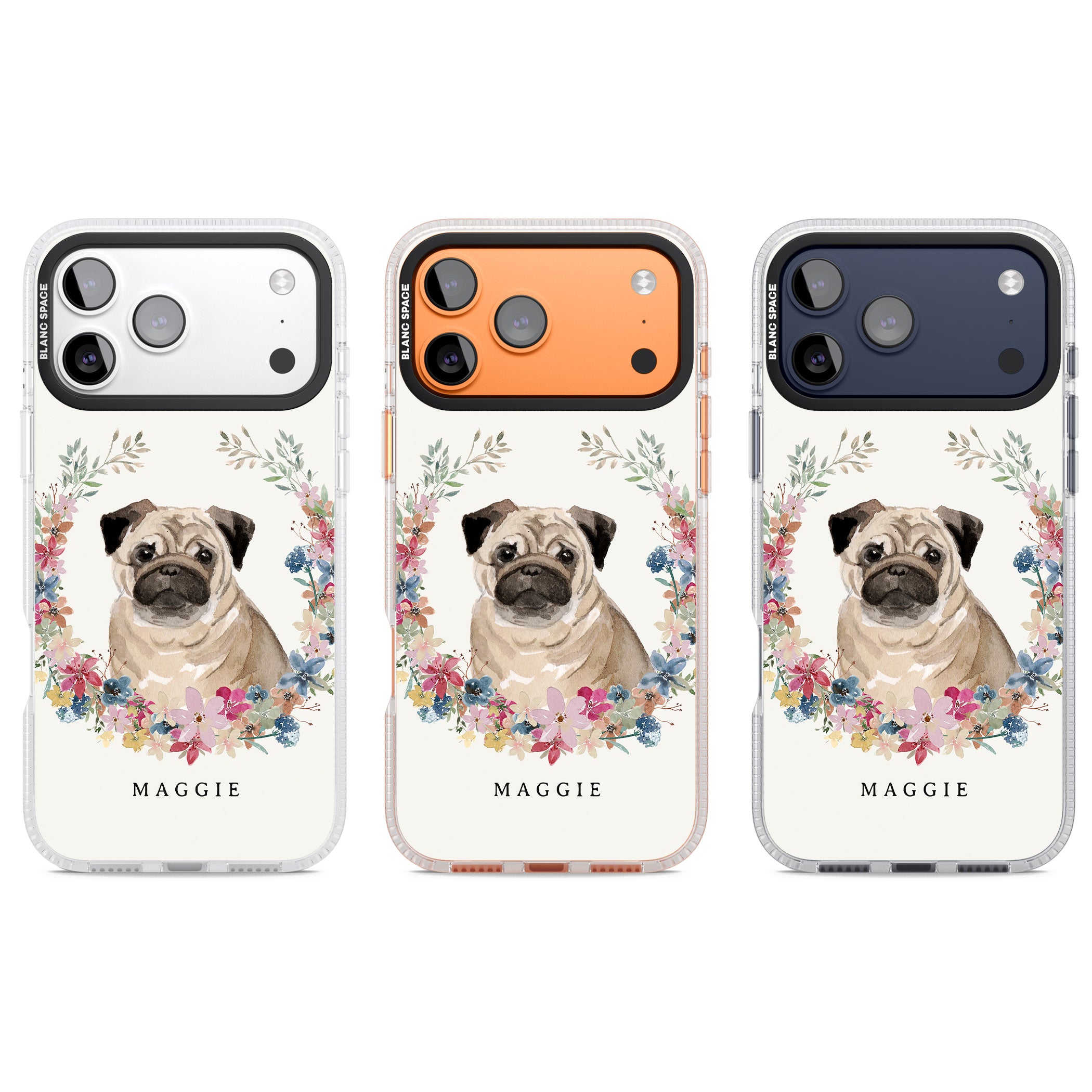 Personalised Pug Floral Portrait iPhone 17 Pro Impact Air Clear Phone Case APT Impact Protection
