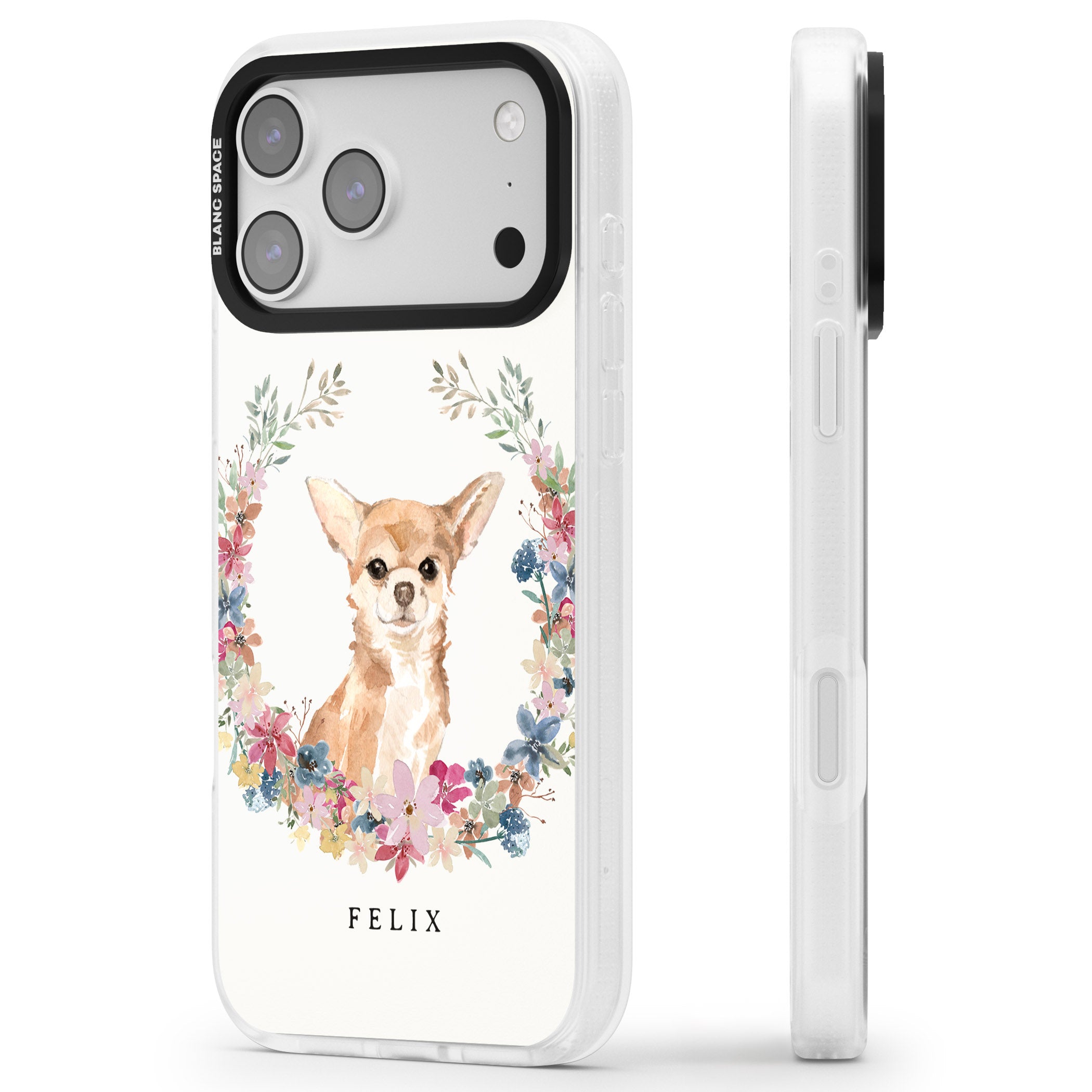 Personalised Chihuahua Floral Portrait iPhone 17 Pro Impact Air Clear Phone Case Side Profile