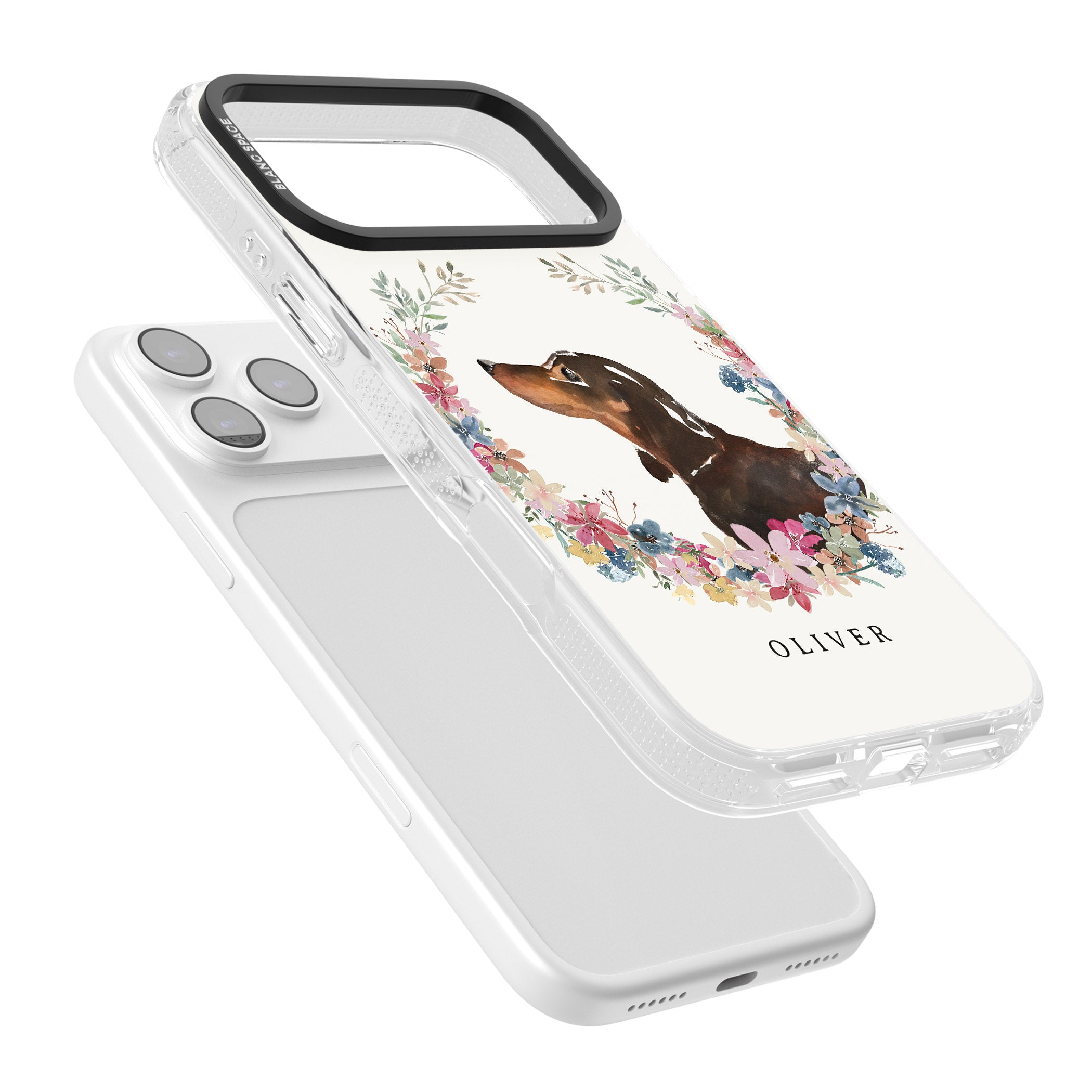 Personalised Black & Tan Dachshund Floral Portrait iPhone 17 Pro Impact Air Clear Phone Case Colours