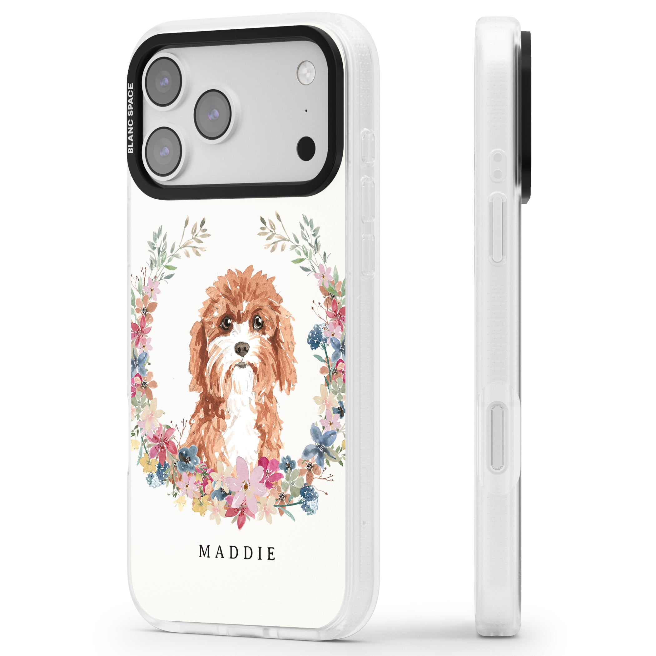 Personalised Cavapoo Floral Portrait iPhone 17 Pro Impact Air Clear Phone Case Side Profile
