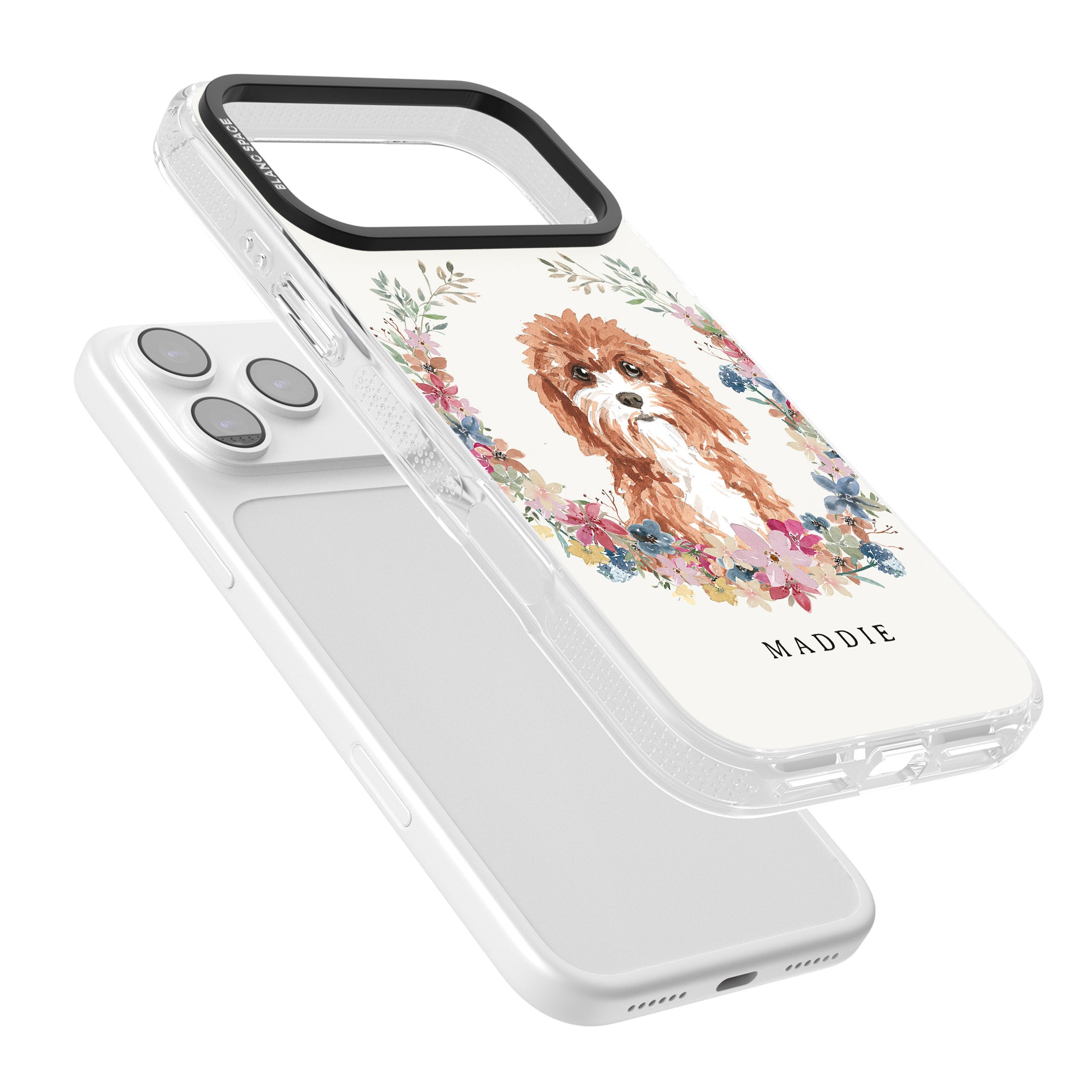 Personalised Cavapoo Floral Portrait iPhone 17 Pro Impact Air Clear Phone Case Colours