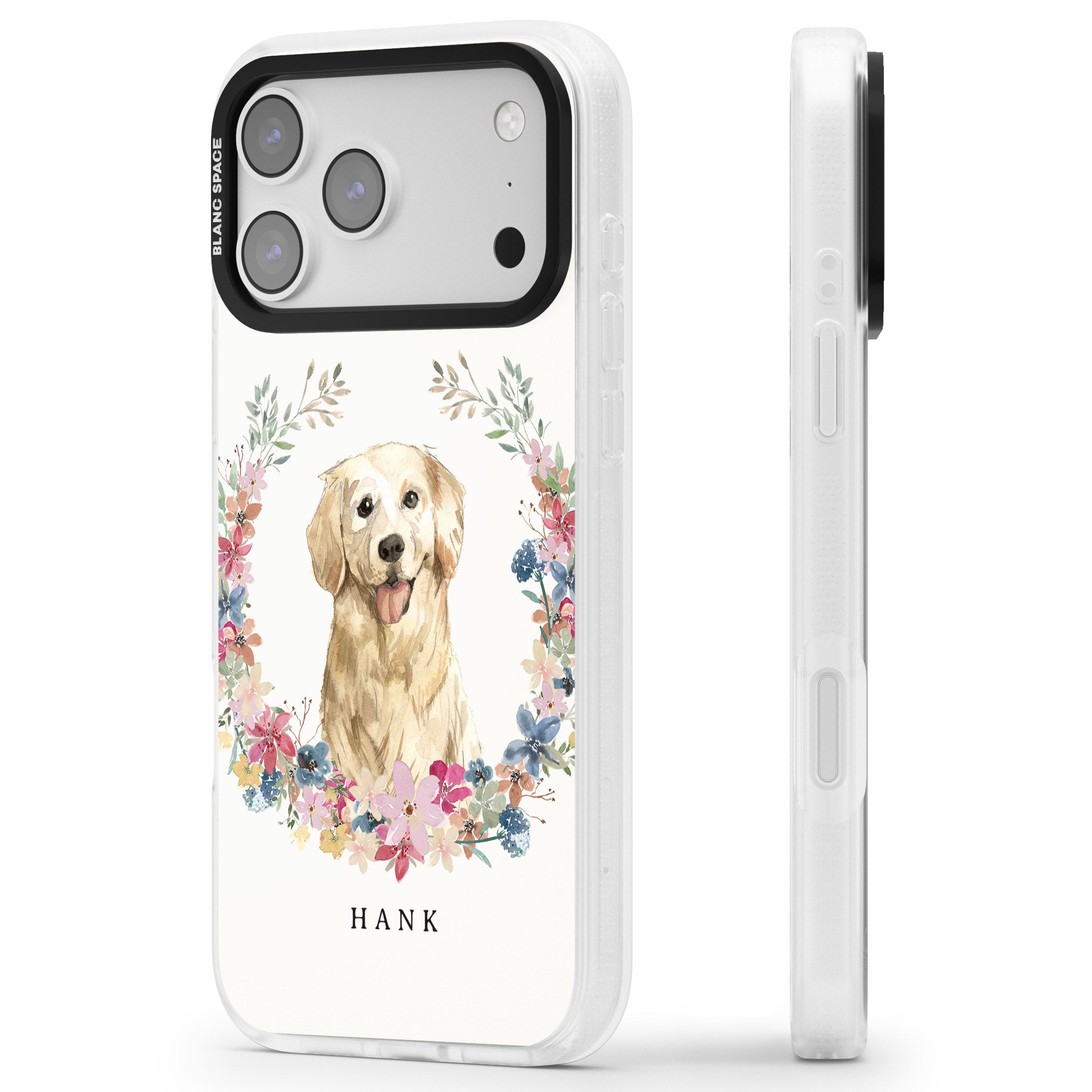 Personalised Golden Retriever Floral Portrait iPhone 17 Pro Impact Air Clear Phone Case Side Profile