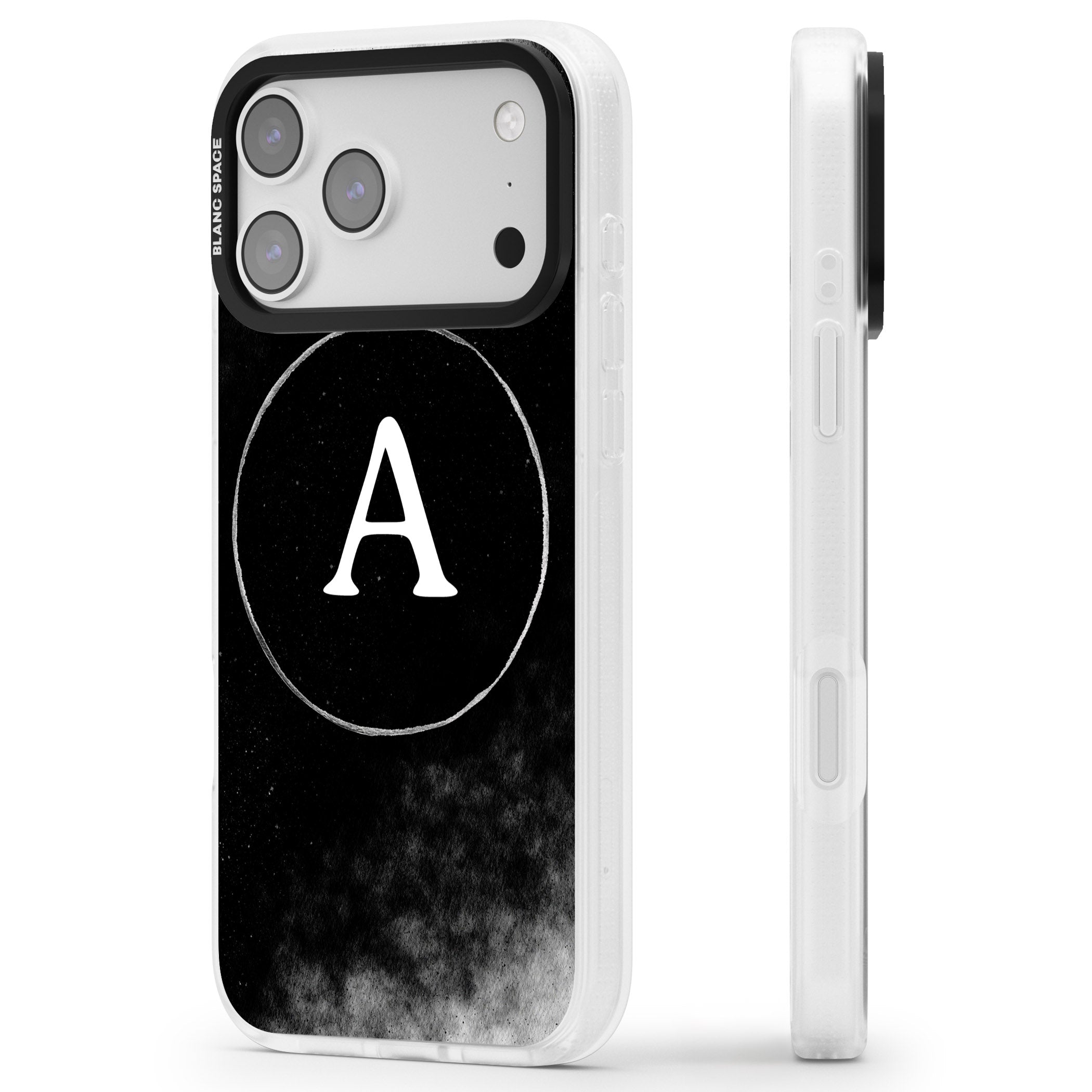 Personalised Monochrome Cosmic Monogram iPhone 17 Pro Impact Air Clear Phone Case Side Profile