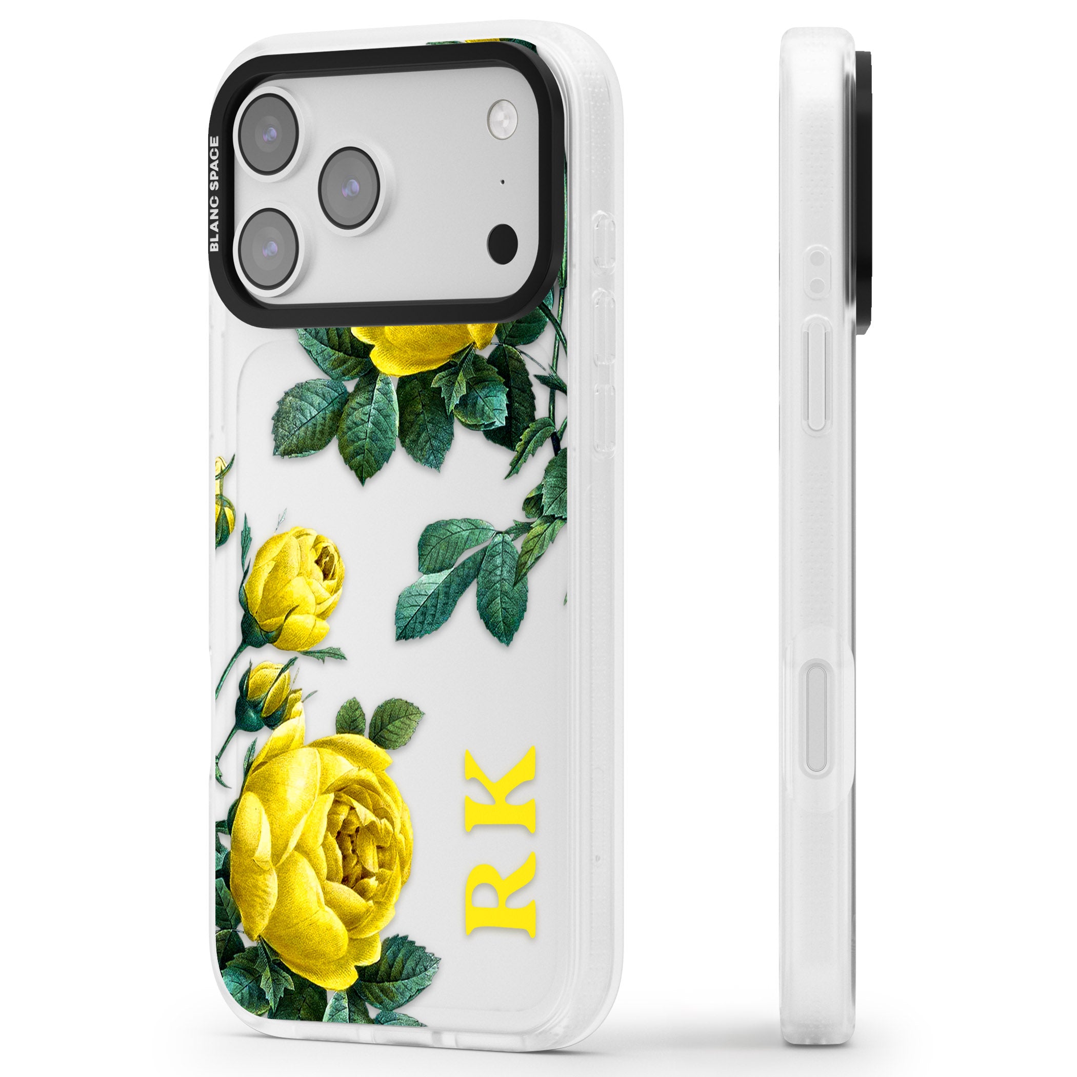 Personalised Vintage Floral Yellow Roses iPhone 17 Pro Impact Air Clear Phone Case Side Profile