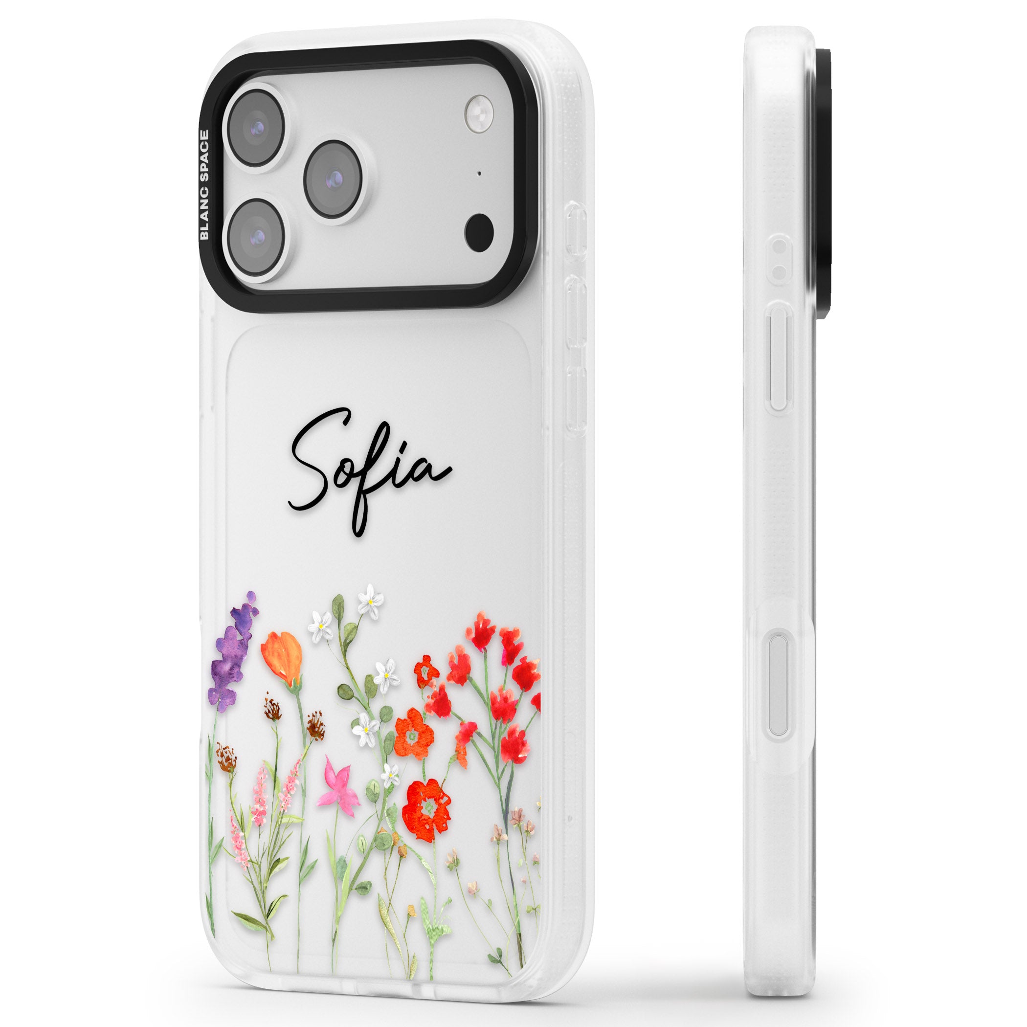 Personalised Spring Wildflowers iPhone 17 Pro Impact Air Clear Phone Case Side Profile