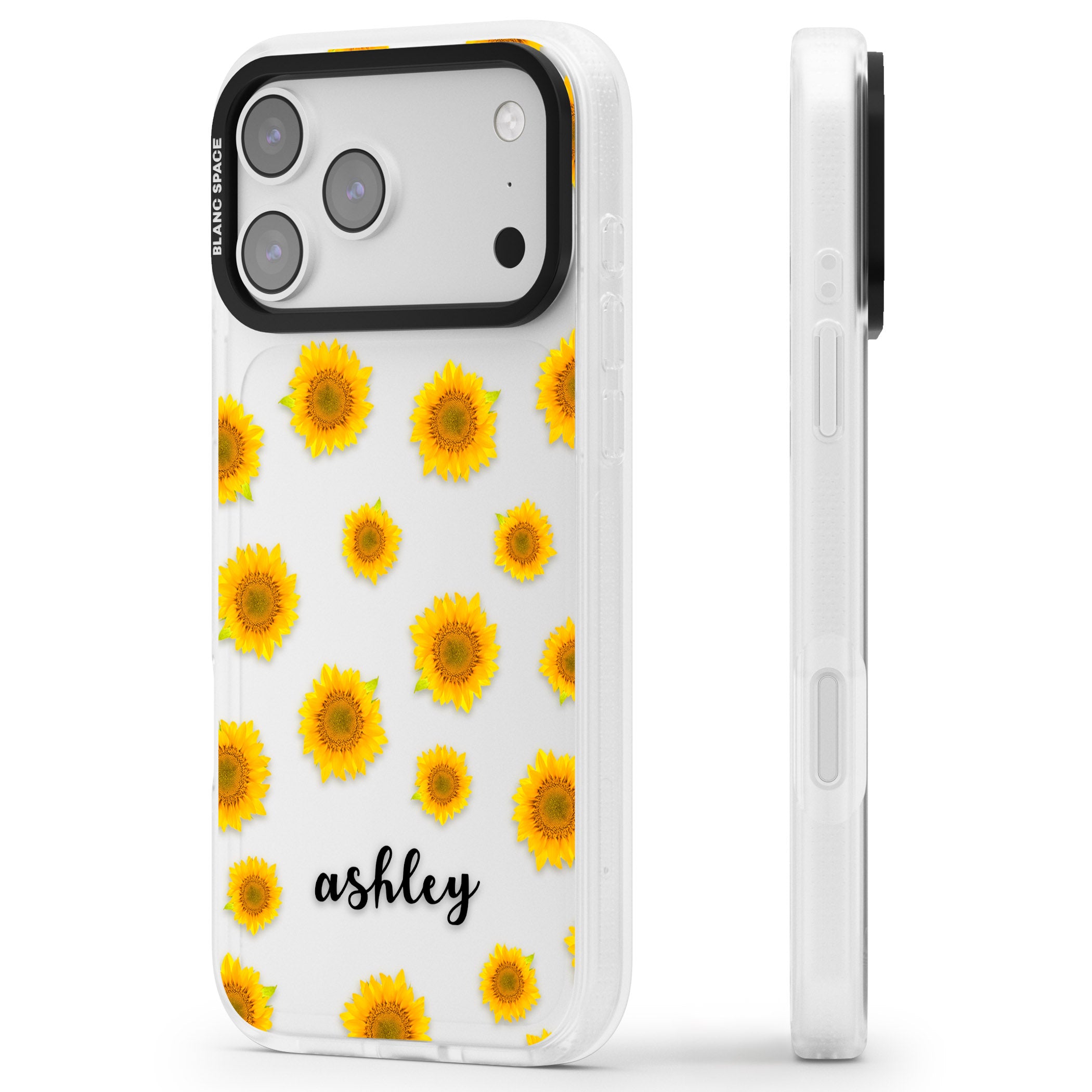 Personalised Sunflowers & Cursive iPhone 17 Pro Impact Air Clear Phone Case Side Profile