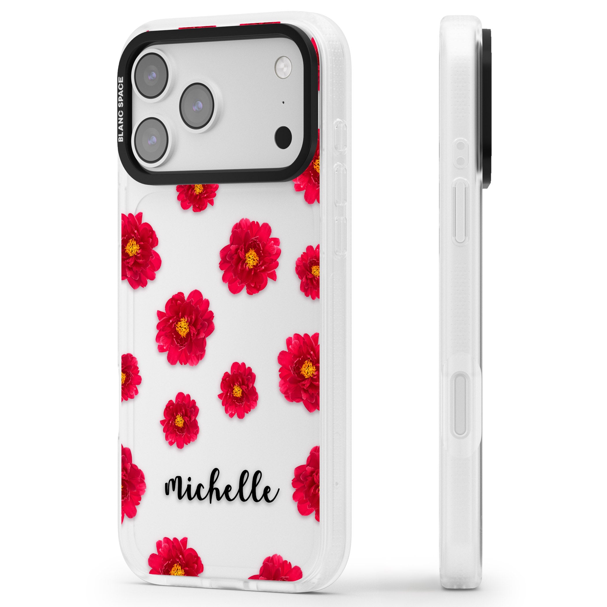 Personalised Red Peonies & Cursive iPhone 17 Pro Impact Air Clear Phone Case Side Profile