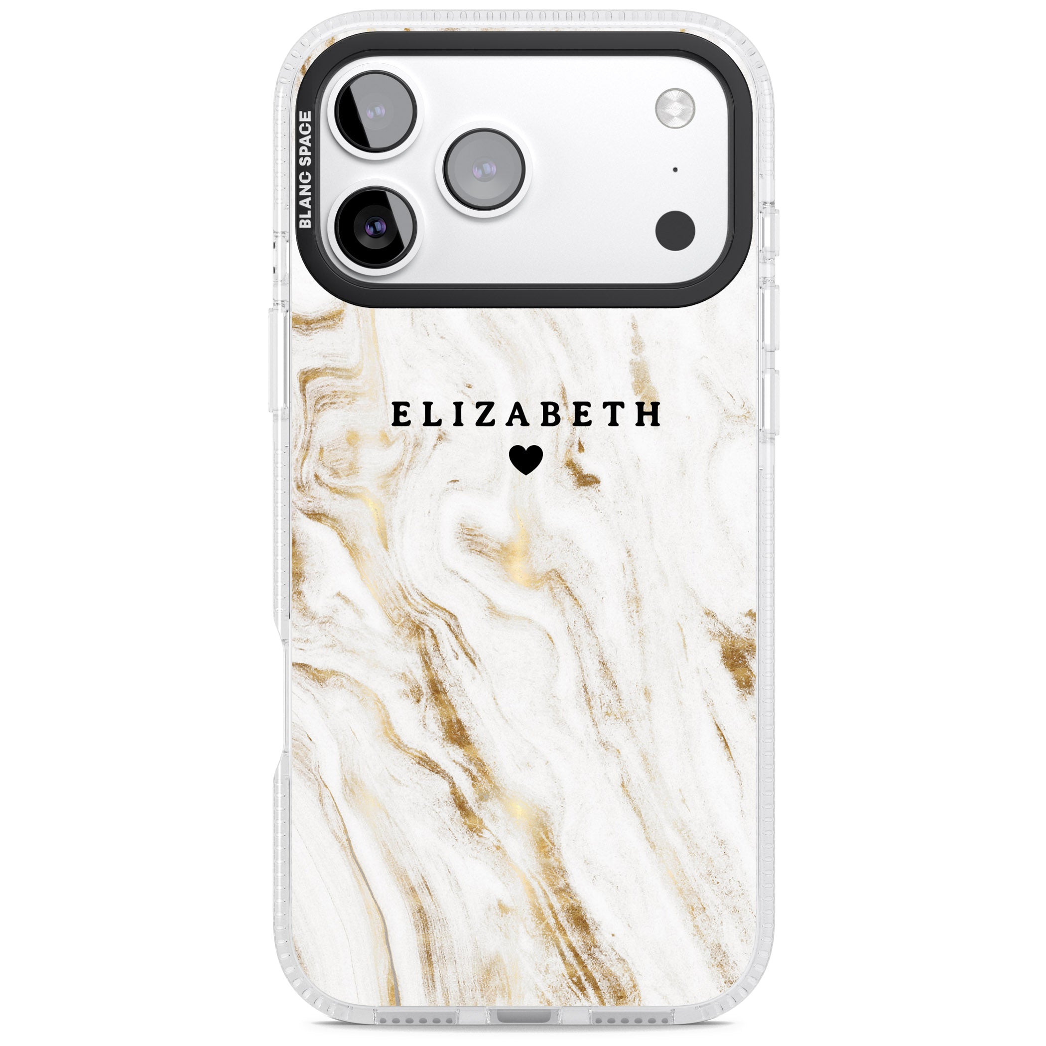 Personalised White & Gold Swirl Marble iPhone 17 Pro Impact Air Clear Phone Case