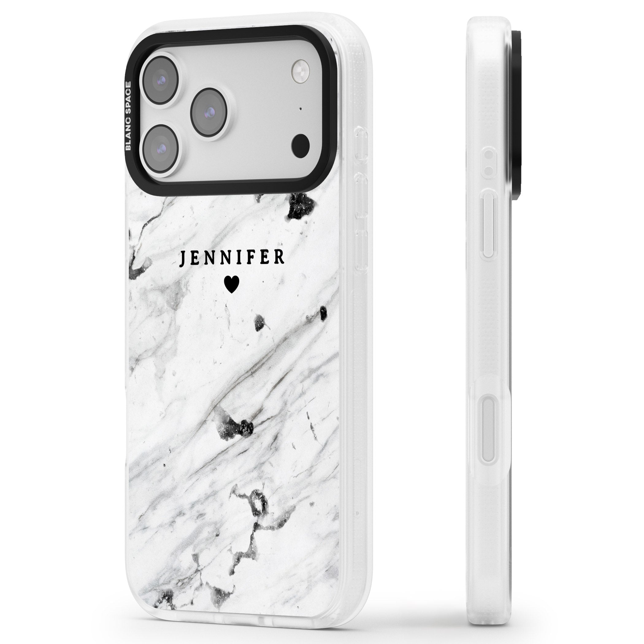 Personalised Marble Heart iPhone 17 Pro Impact Air Clear Phone Case Side Profile