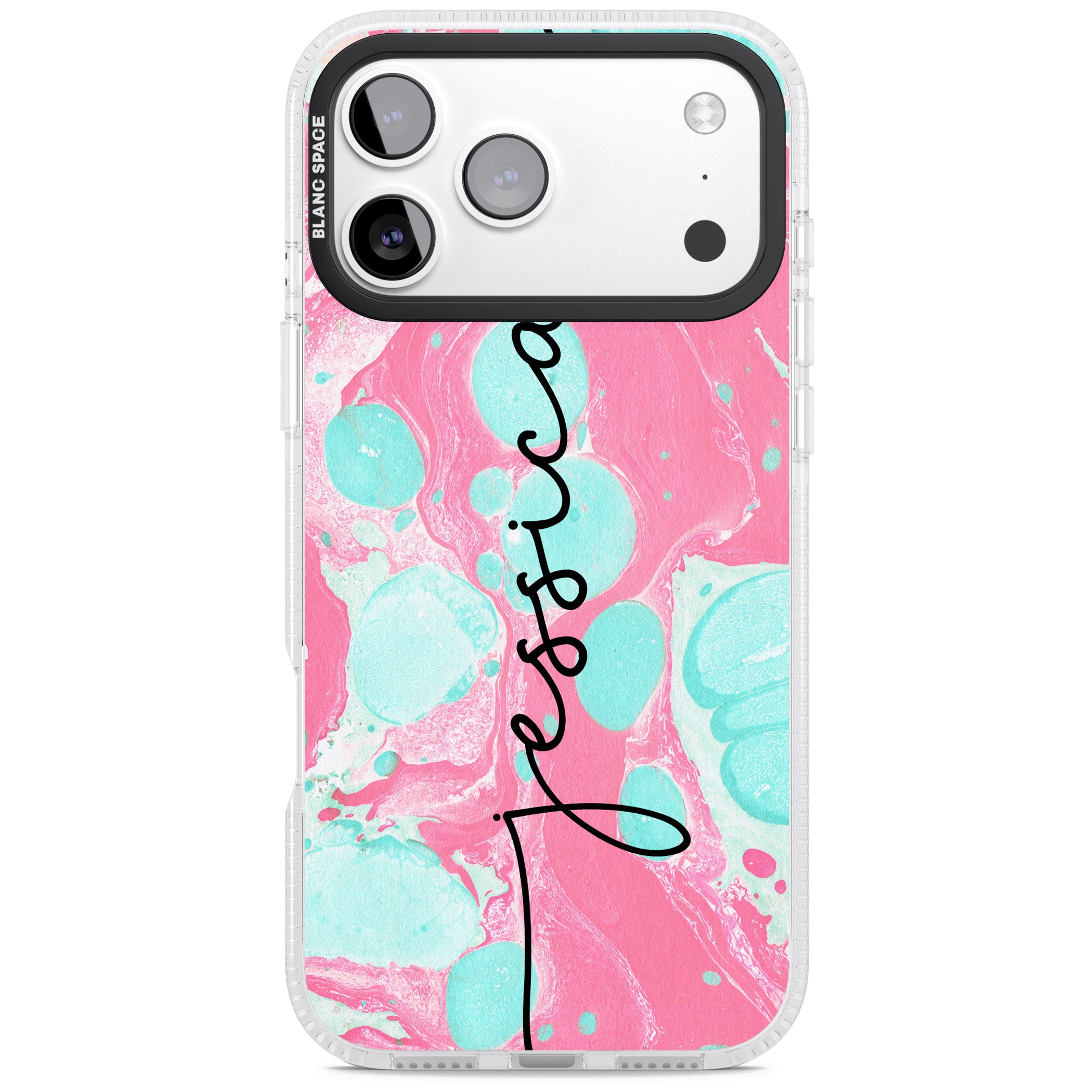 Personalised Turquoise & Pink Marbled iPhone 17 Pro Impact Air Clear Phone Case