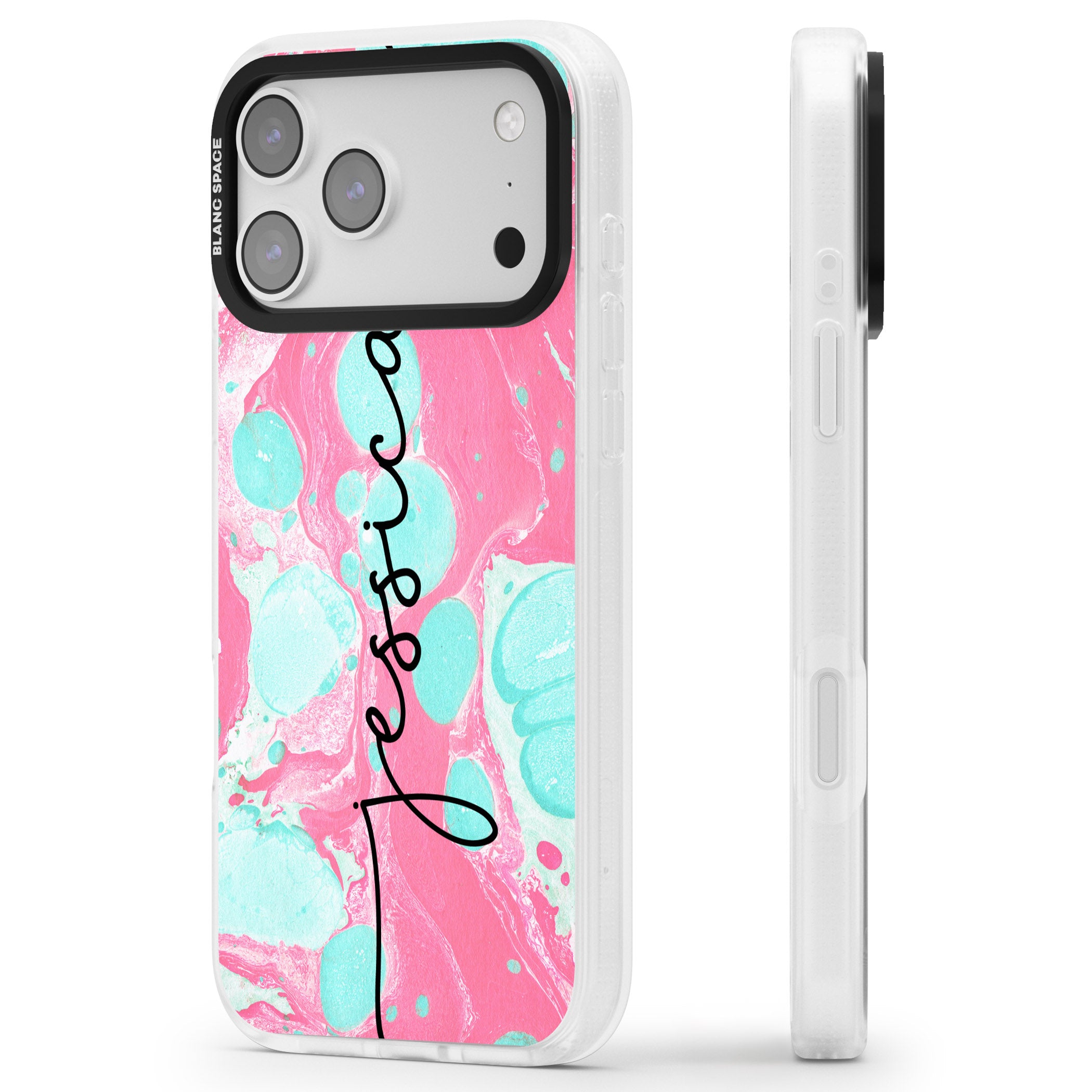 Personalised Turquoise & Pink Marbled iPhone 17 Pro Impact Air Clear Phone Case Side Profile
