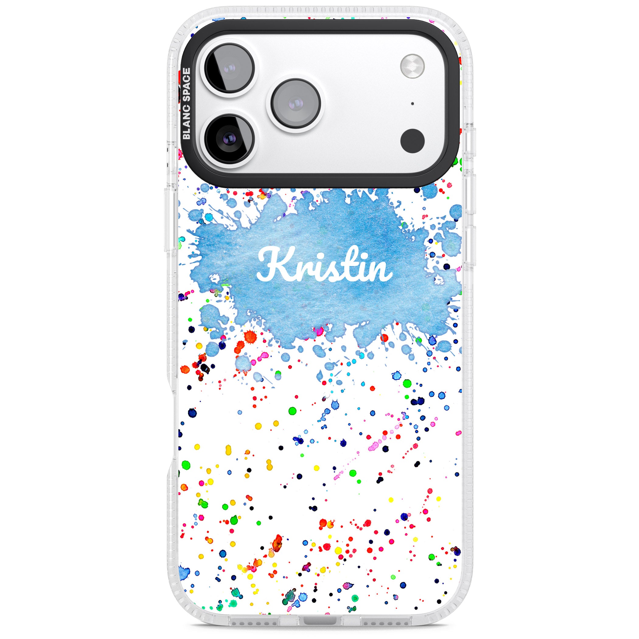 Personalised Rainbow Splatter Name iPhone 17 Pro Impact Air Clear Phone Case