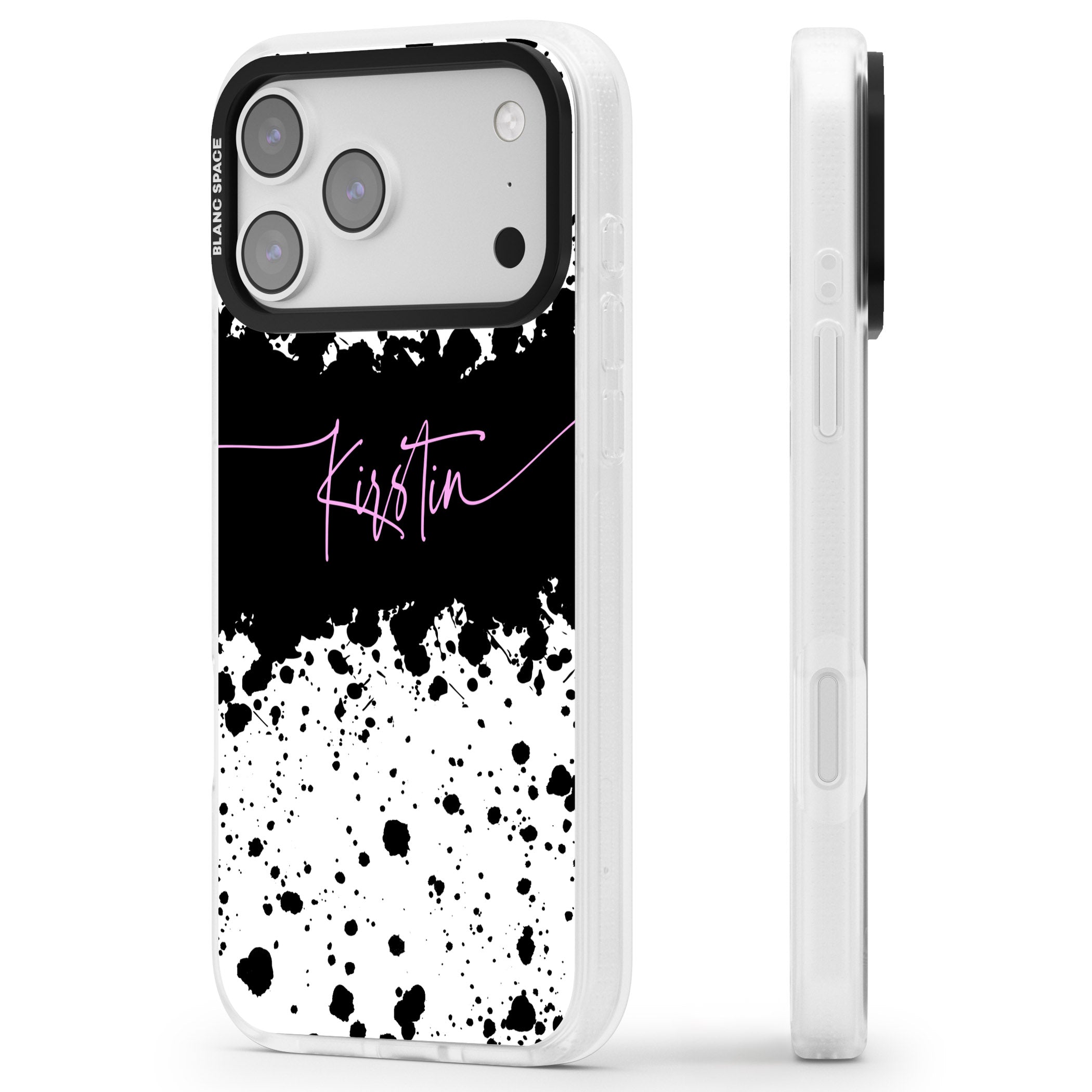 Personalised Bold Paint Splatters iPhone 17 Pro Impact Air Clear Phone Case Side Profile