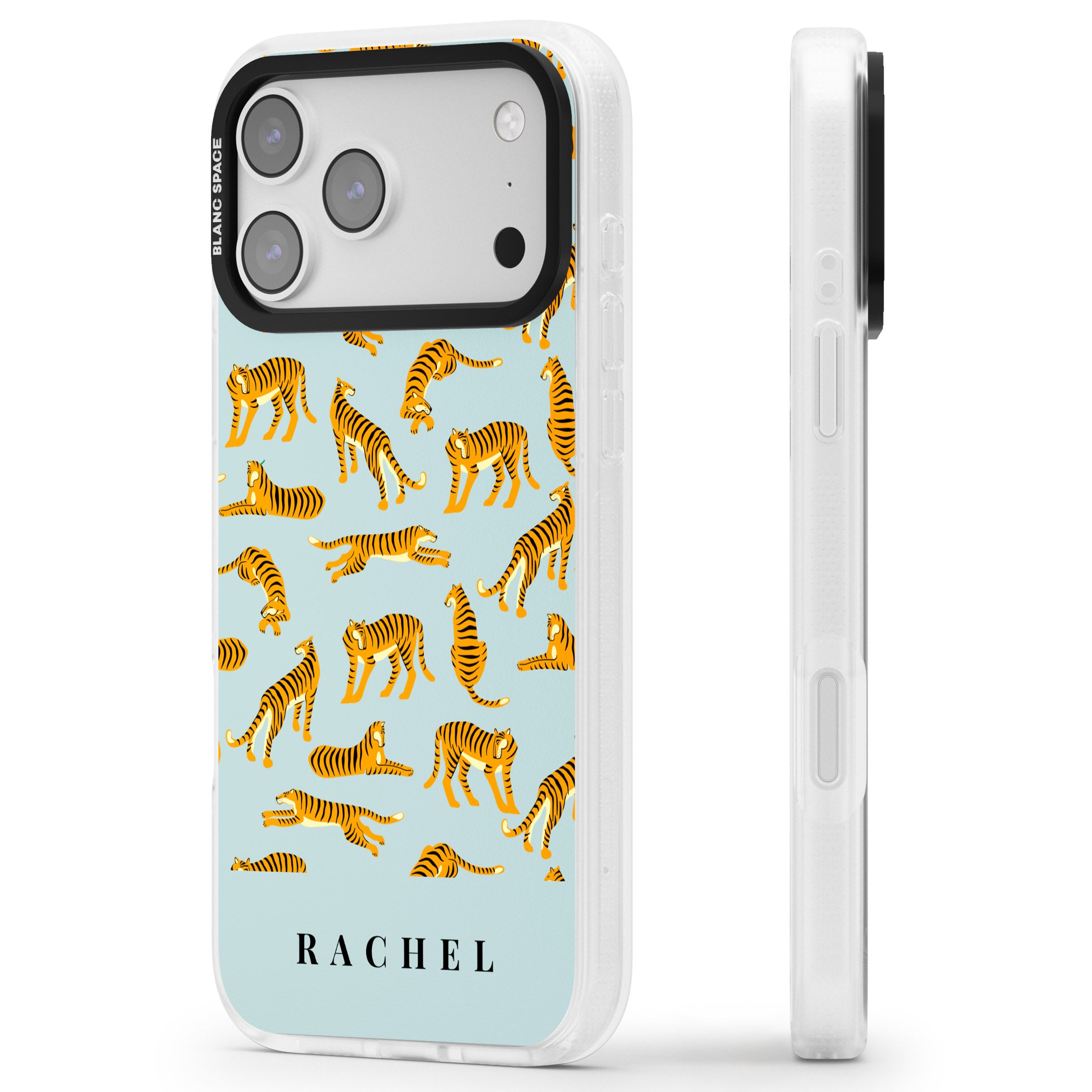 Personalised Turquoise Tiger Pattern iPhone 17 Pro Impact Air Clear Phone Case Side Profile