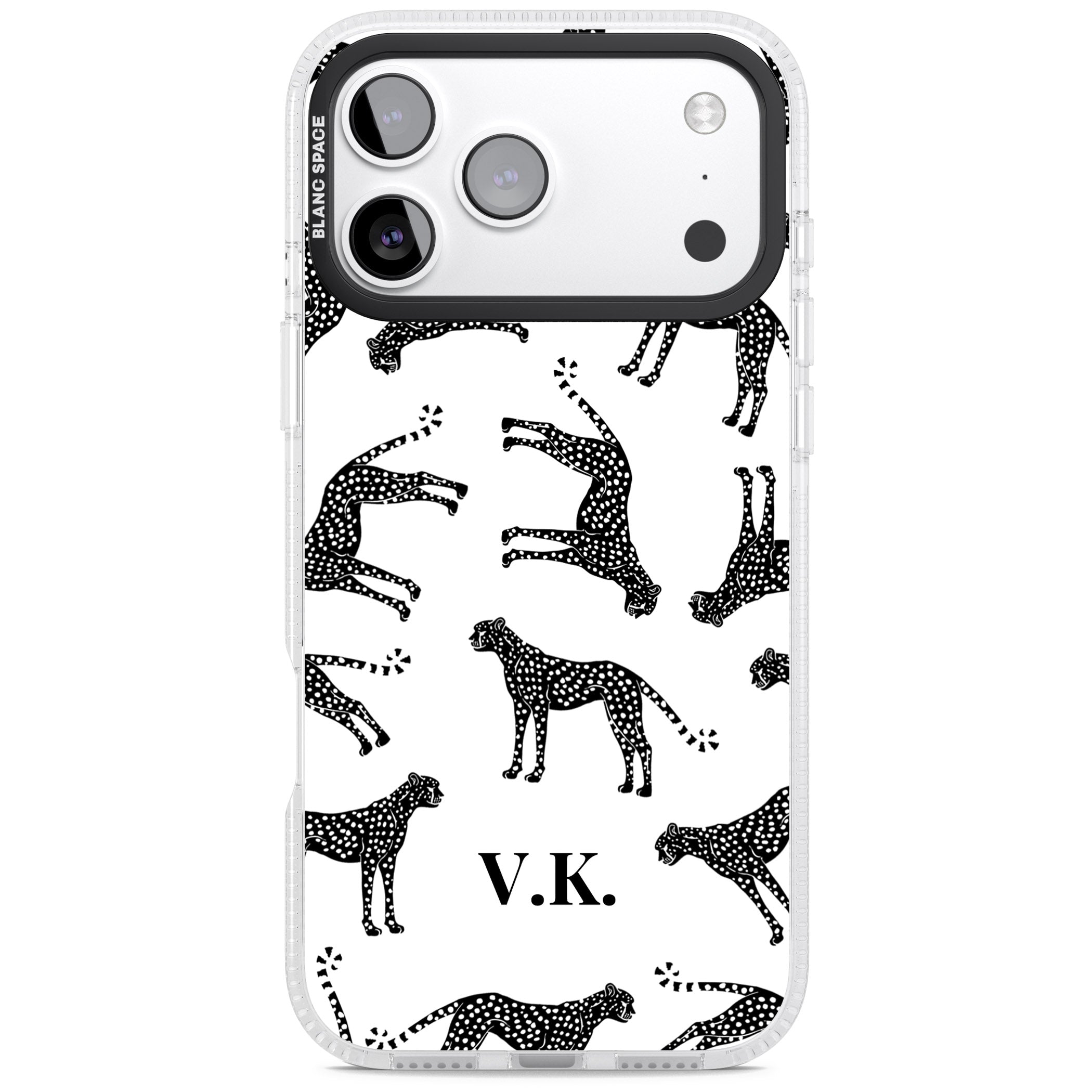 Personalised Black & White Cheetah Pattern iPhone 17 Pro Impact Air Clear Phone Case