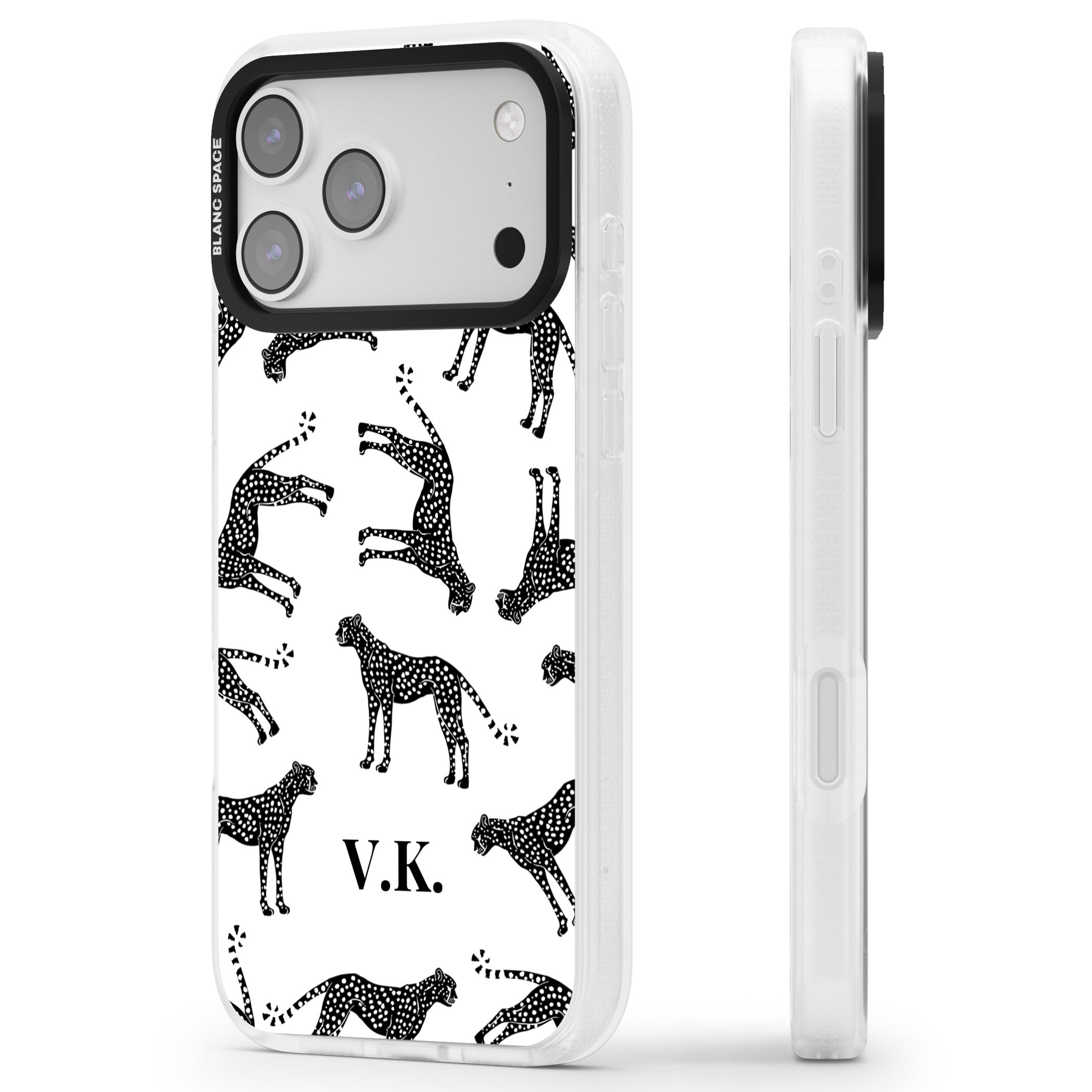 Personalised Black & White Cheetah Pattern iPhone 17 Pro Impact Air Clear Phone Case Side Profile