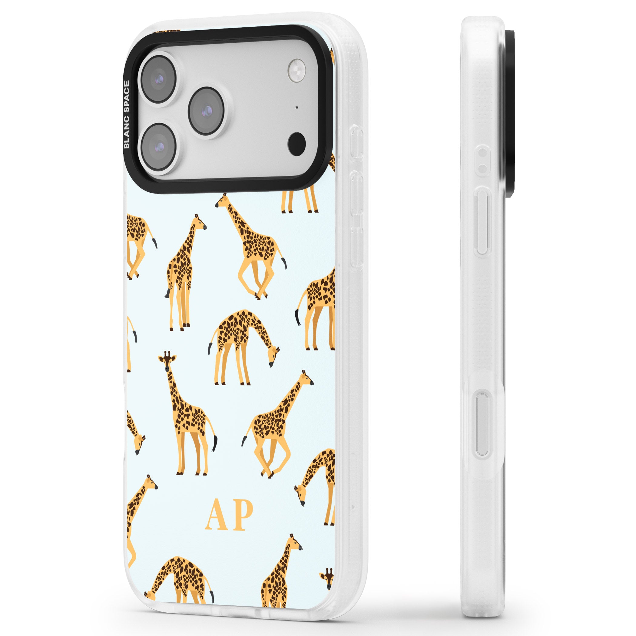 Personalised Safari Giraffe Pattern On Blue iPhone 17 Pro Impact Air Clear Phone Case Side Profile
