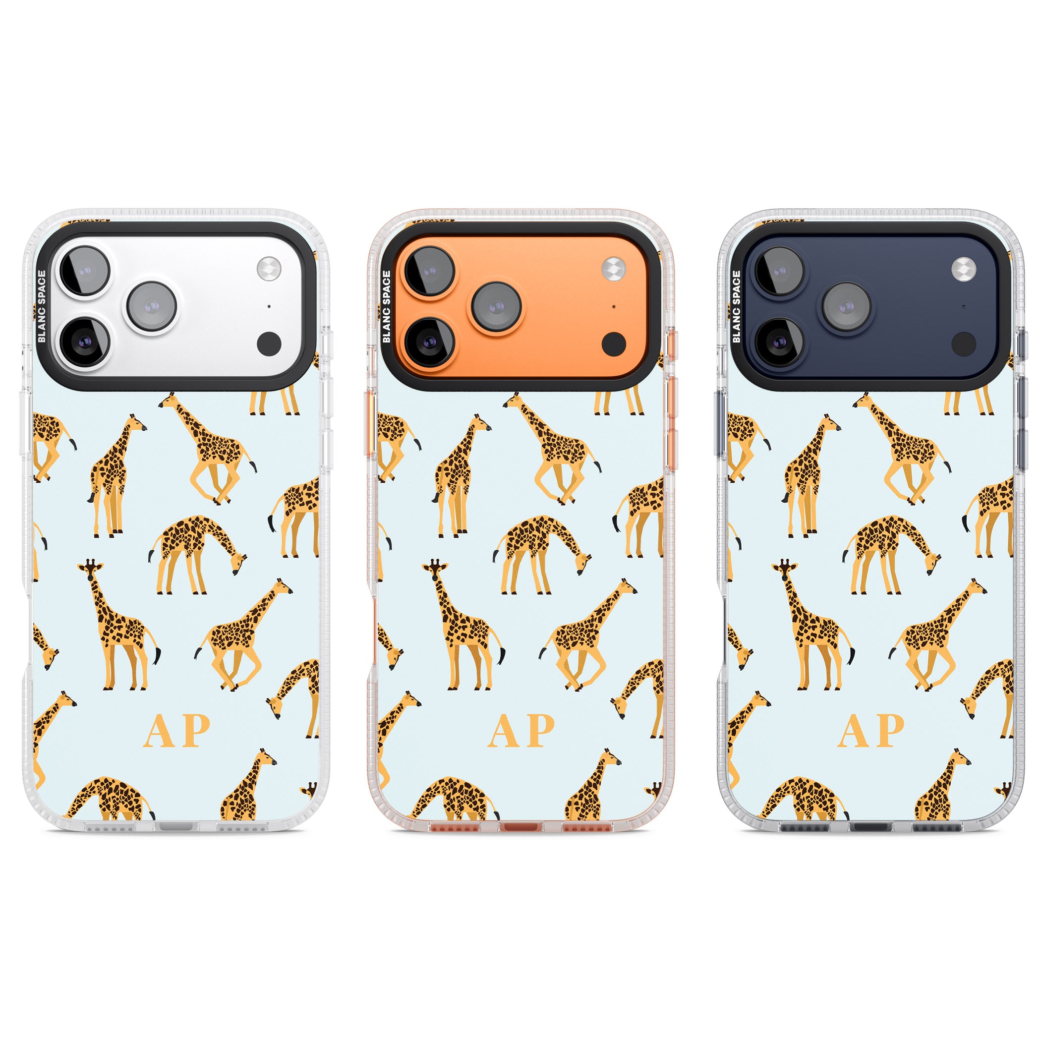 Personalised Safari Giraffe Pattern On Blue iPhone 17 Pro Impact Air Clear Phone Case APT Impact Protection
