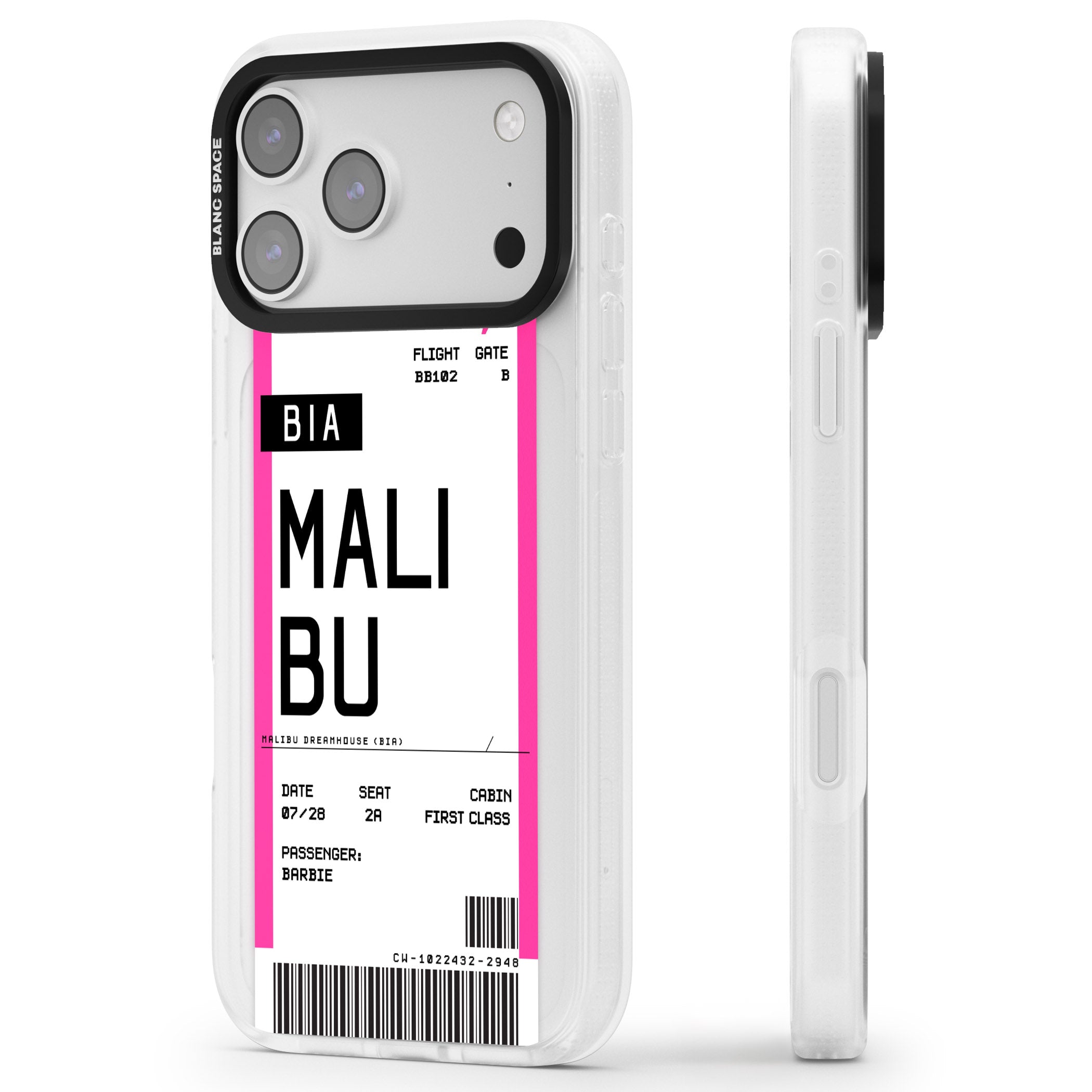 Personalised Pink Malibu Boarding Pass iPhone 17 Pro Impact Air Clear Phone Case Side Profile