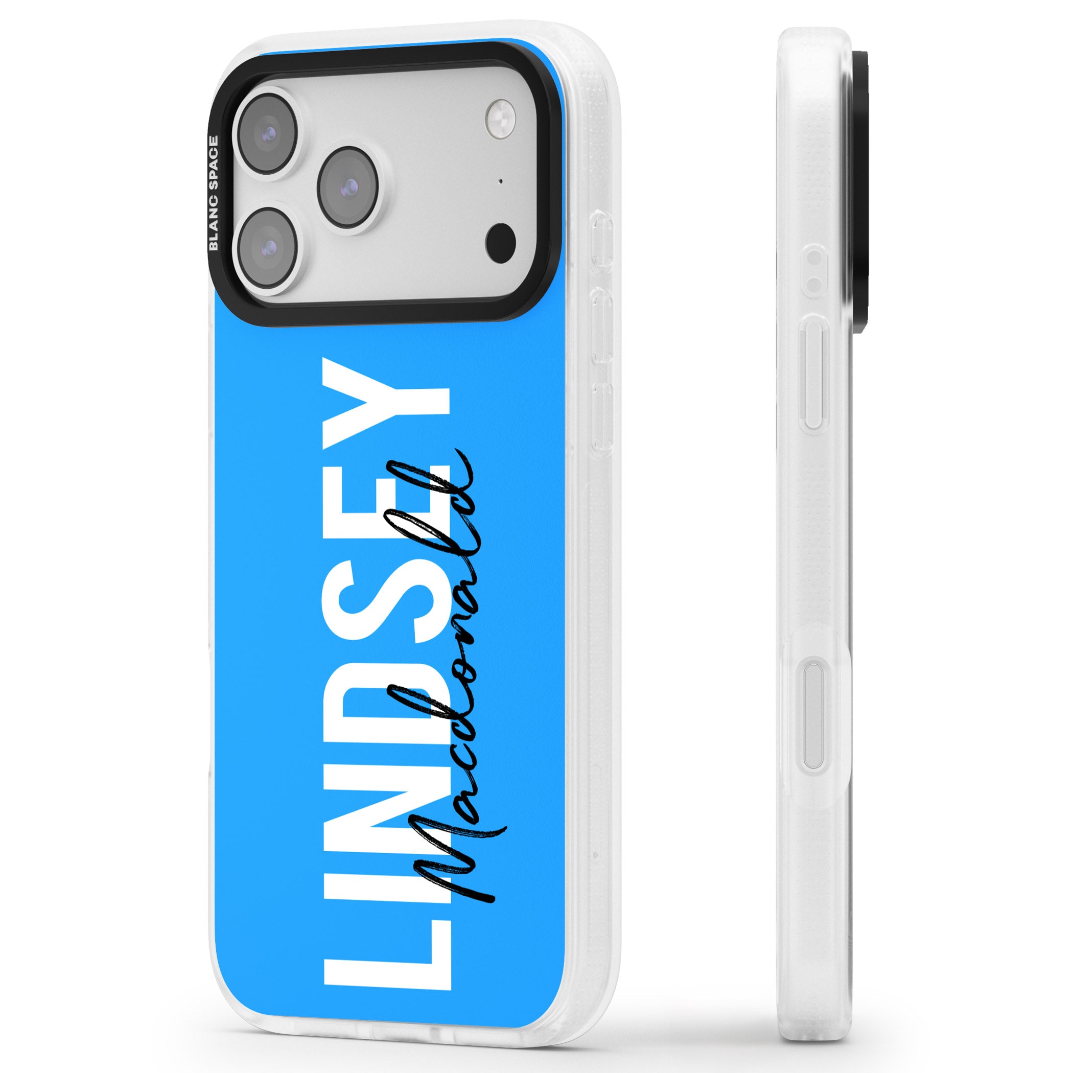 Personalised Bold Name: Blue iPhone 17 Pro Impact Air Clear Phone Case Side Profile