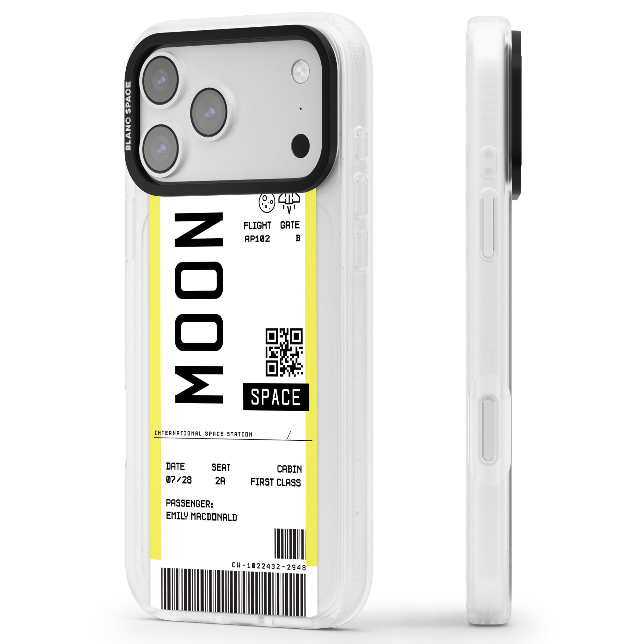 Personalised Moon Travel Ticket iPhone 17 Pro Impact Air Clear Phone Case Side Profile