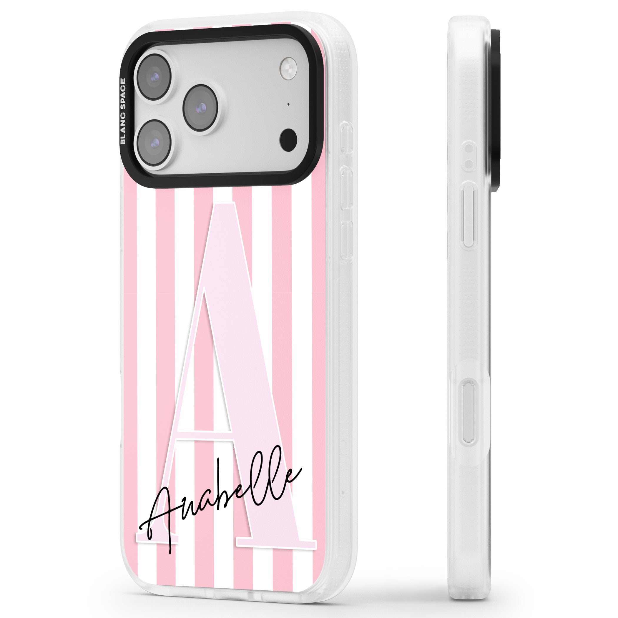 Personalised Pink Stripes & Monogram iPhone 17 Pro Impact Air Clear Phone Case Side Profile