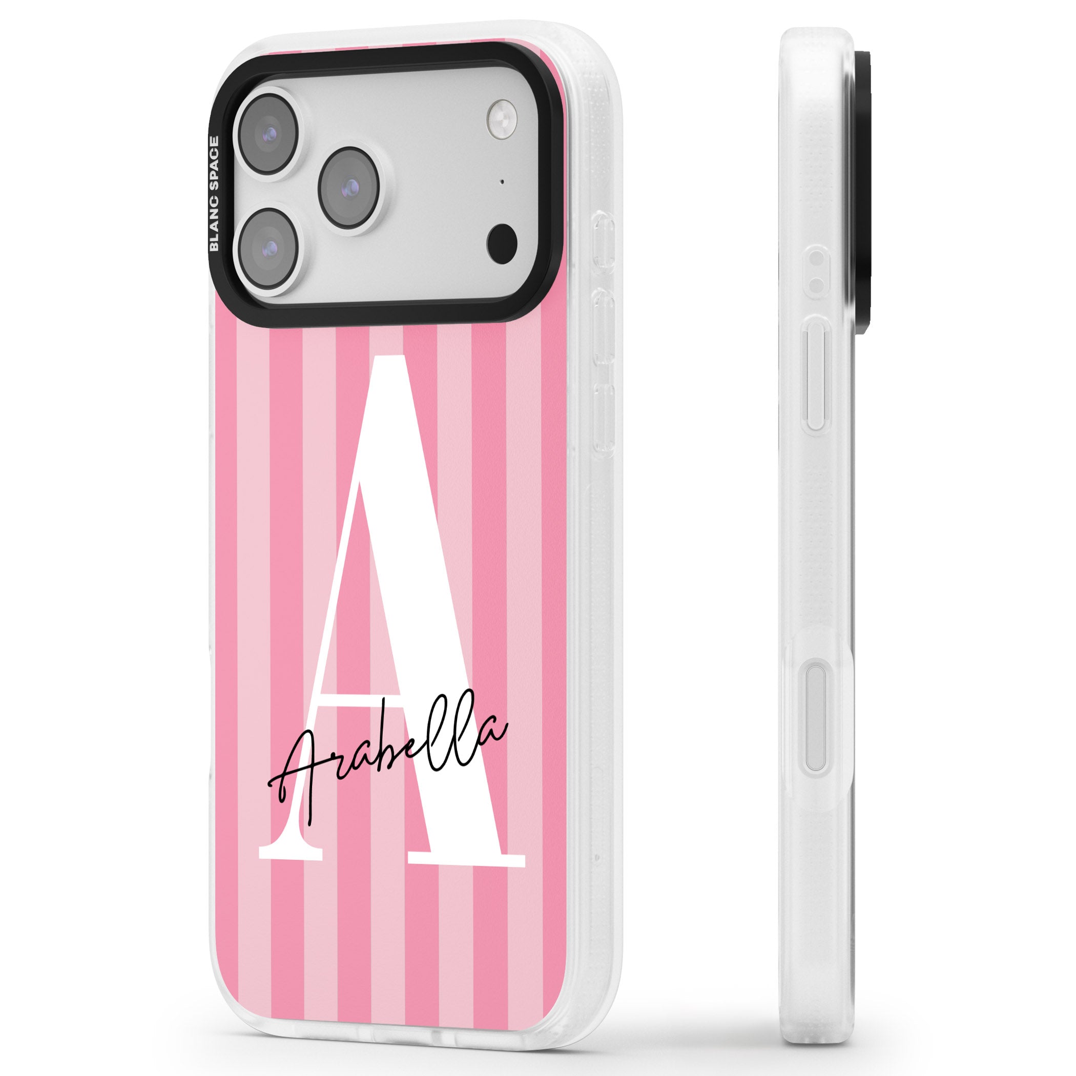 Personalised Pink Stripes Initial iPhone 17 Pro Impact Air Clear Phone Case Side Profile