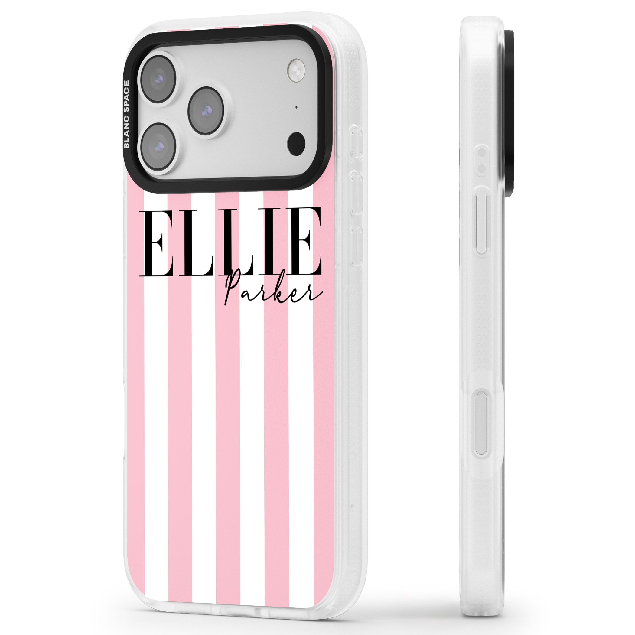 Personalised Pink Stripes iPhone 17 Pro Impact Air Clear Phone Case Side Profile